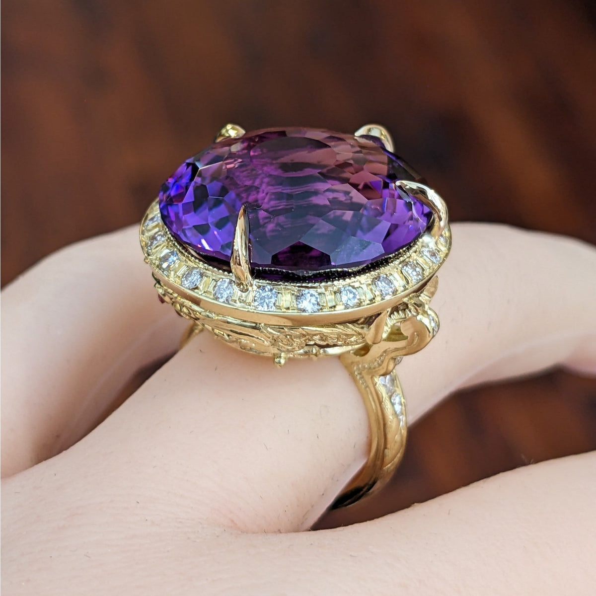 GIA Round Amethyst 29.51 ct and Diamond Dragon Ring in 18k Yellow Gold