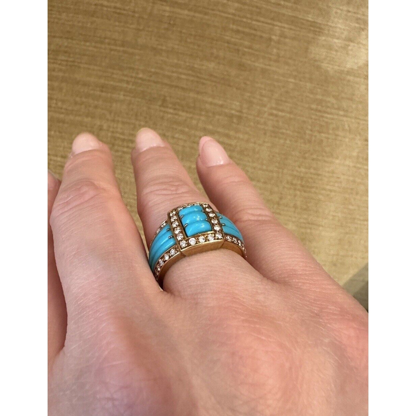 Estate Turquoise and Diamond Band Ring in 18k Yellow Gold