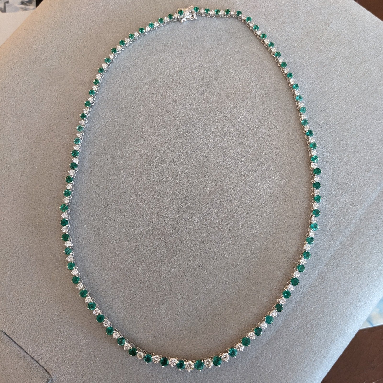 Emerald & Diamond Riviera Tennis Necklace 16.75" in 14k White Gold
