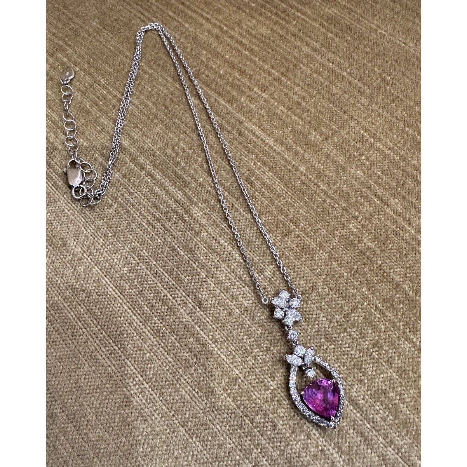 Certified Pink Sapphire and Diamond Pendant Necklace in 18k White Gold