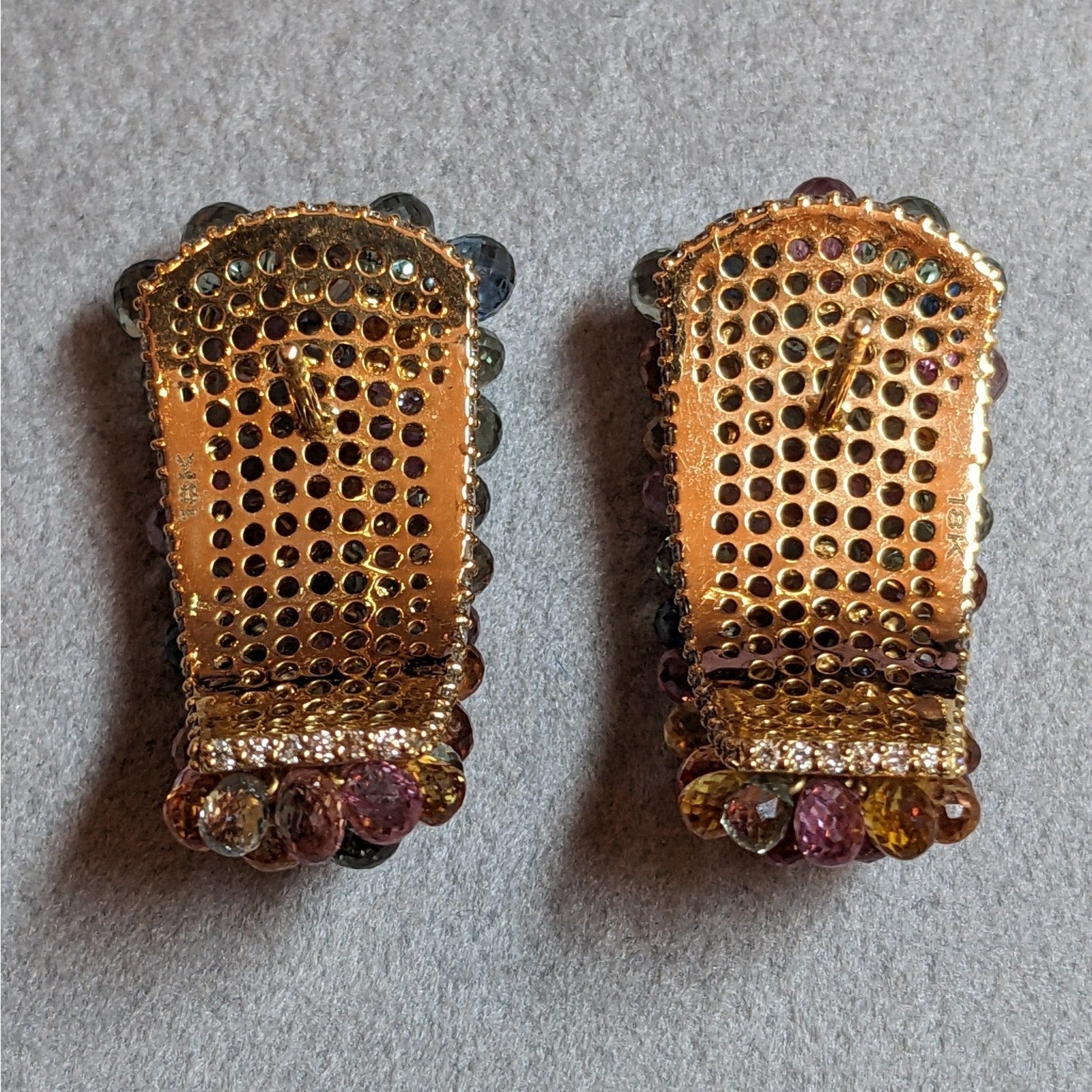 Multicolor Sapphire Briolette and Diamond Earrings in 18k Yellow Gold