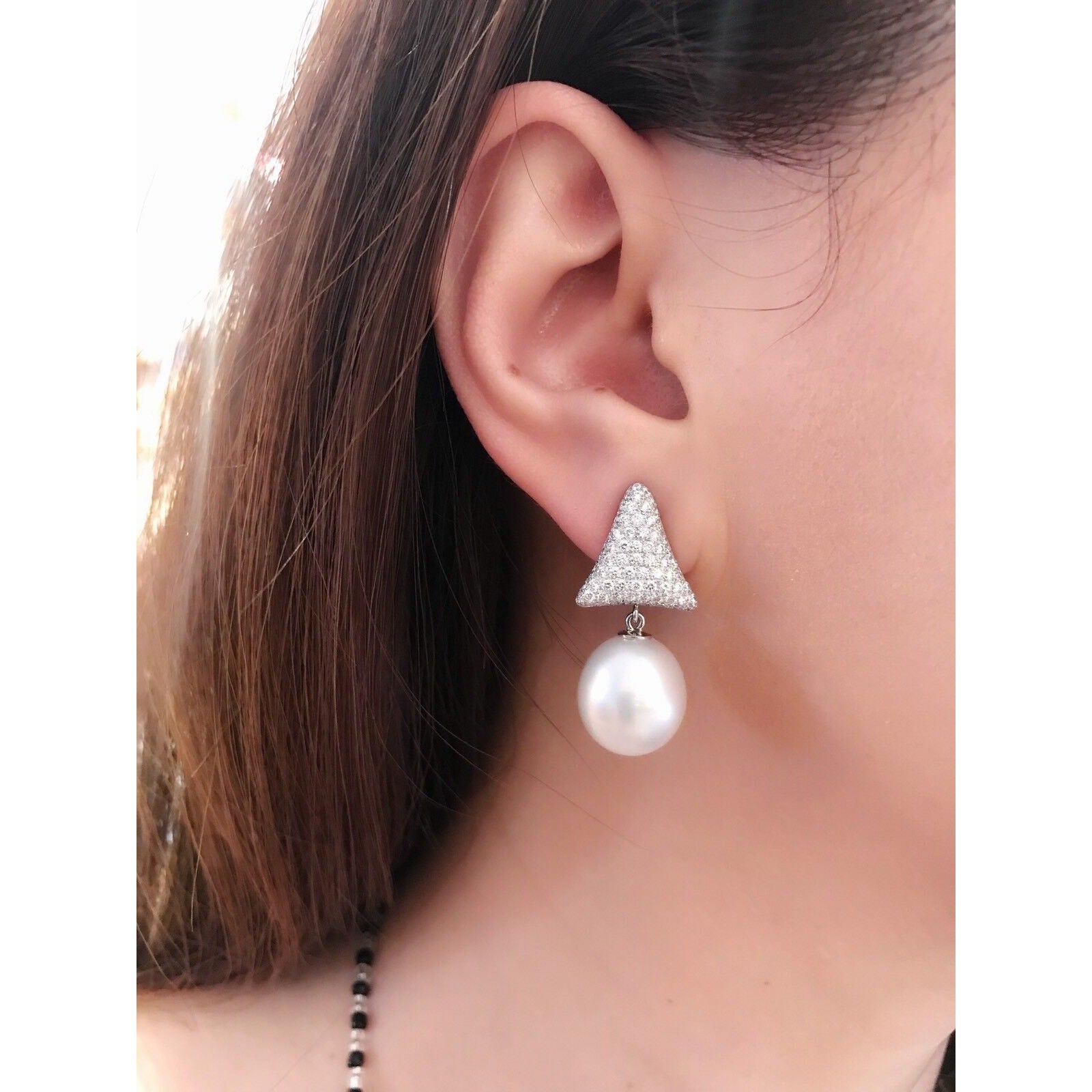South Sea Pearl and Pave Diamond Drop Earrings in 18k White Gold
