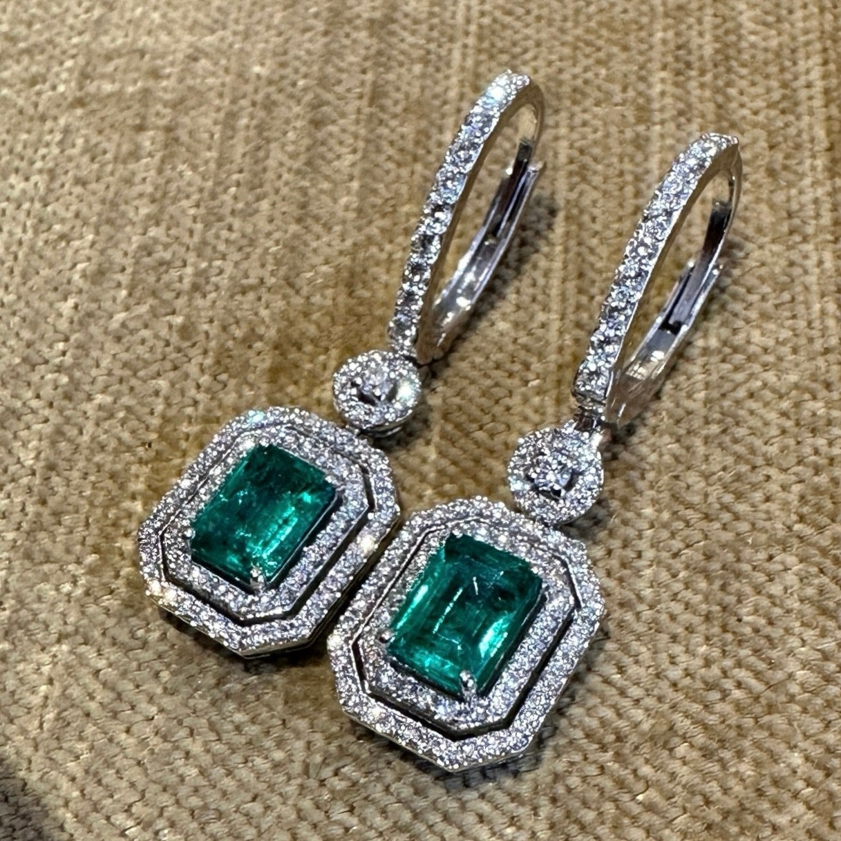 Natural Emerald & Diamond Drop Earrings in 18k White Gold