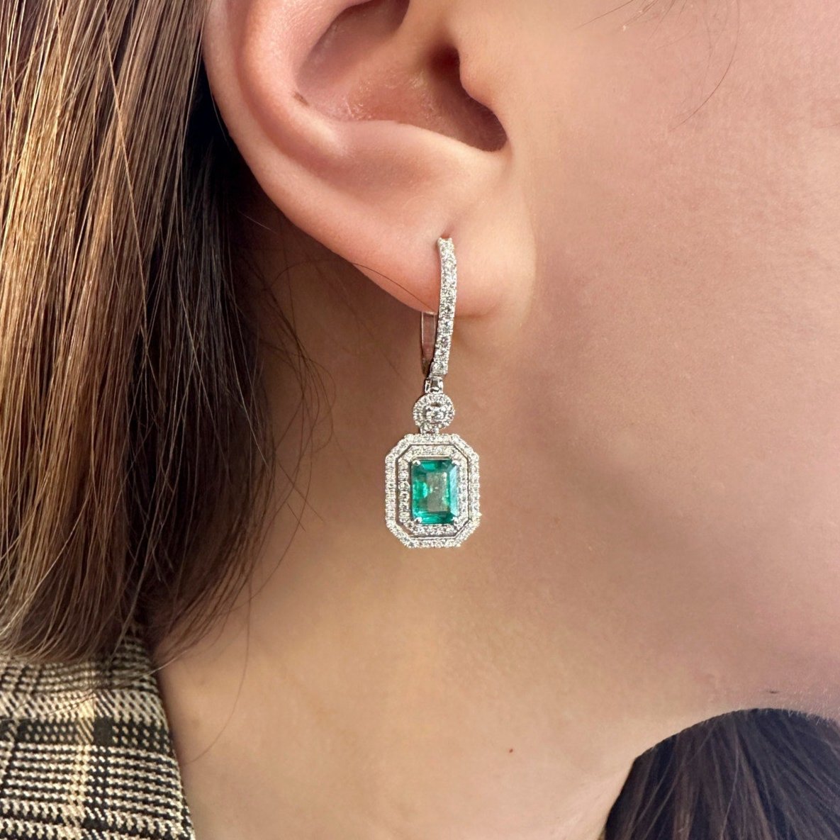 Natural Emerald & Diamond Drop Earrings in 18k White Gold