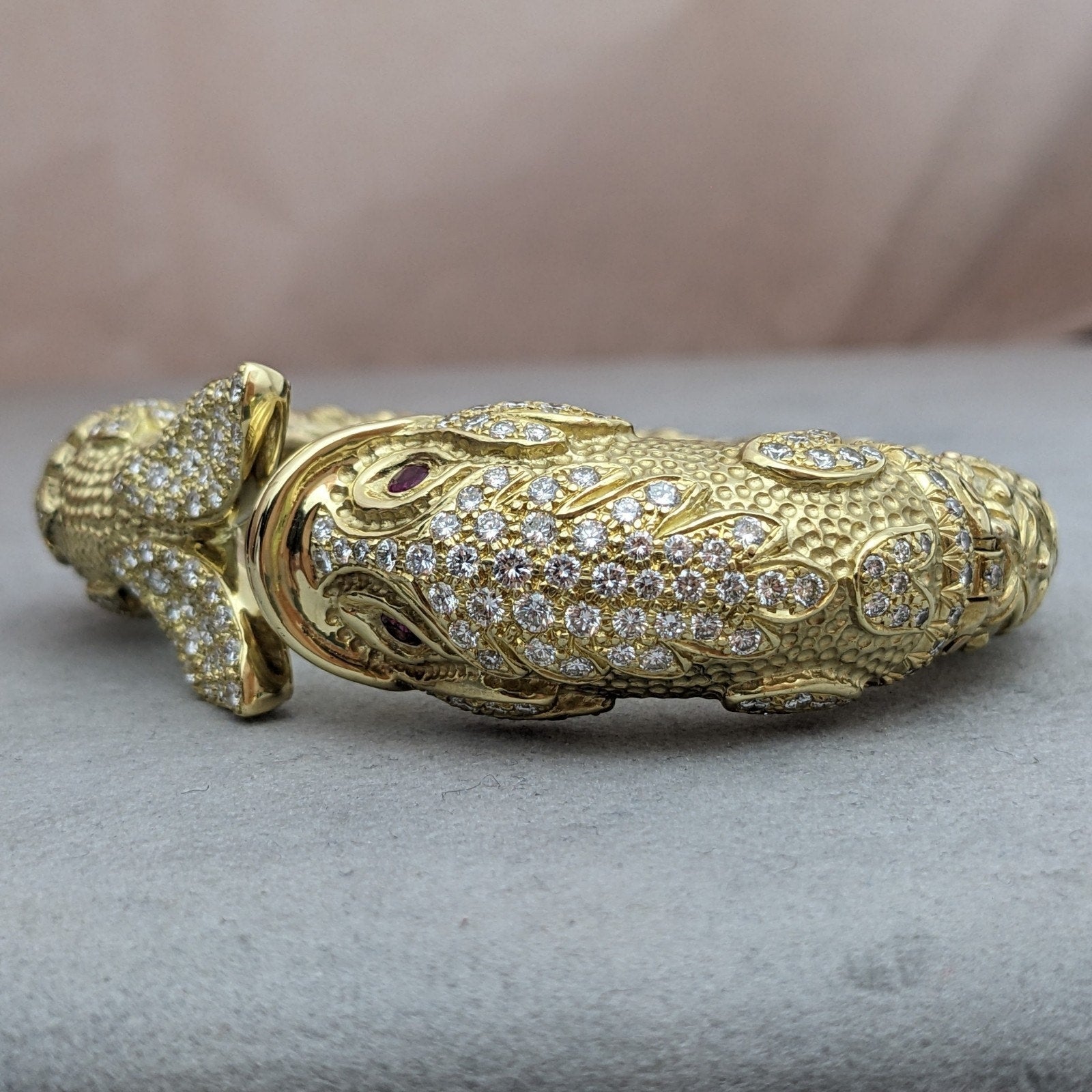 Heavy Diamond Hinged Fish Cuff Bracelet in Textured 18k Yellow Gold
