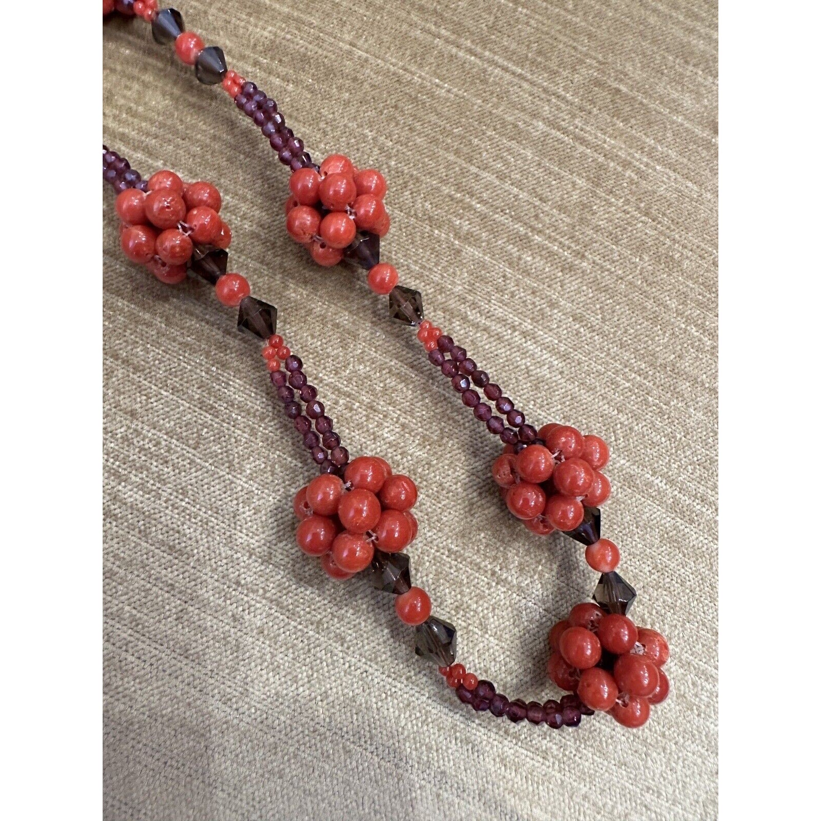 Coral, Garnet and Quartz Bead Necklace in 14k Yellow Gold