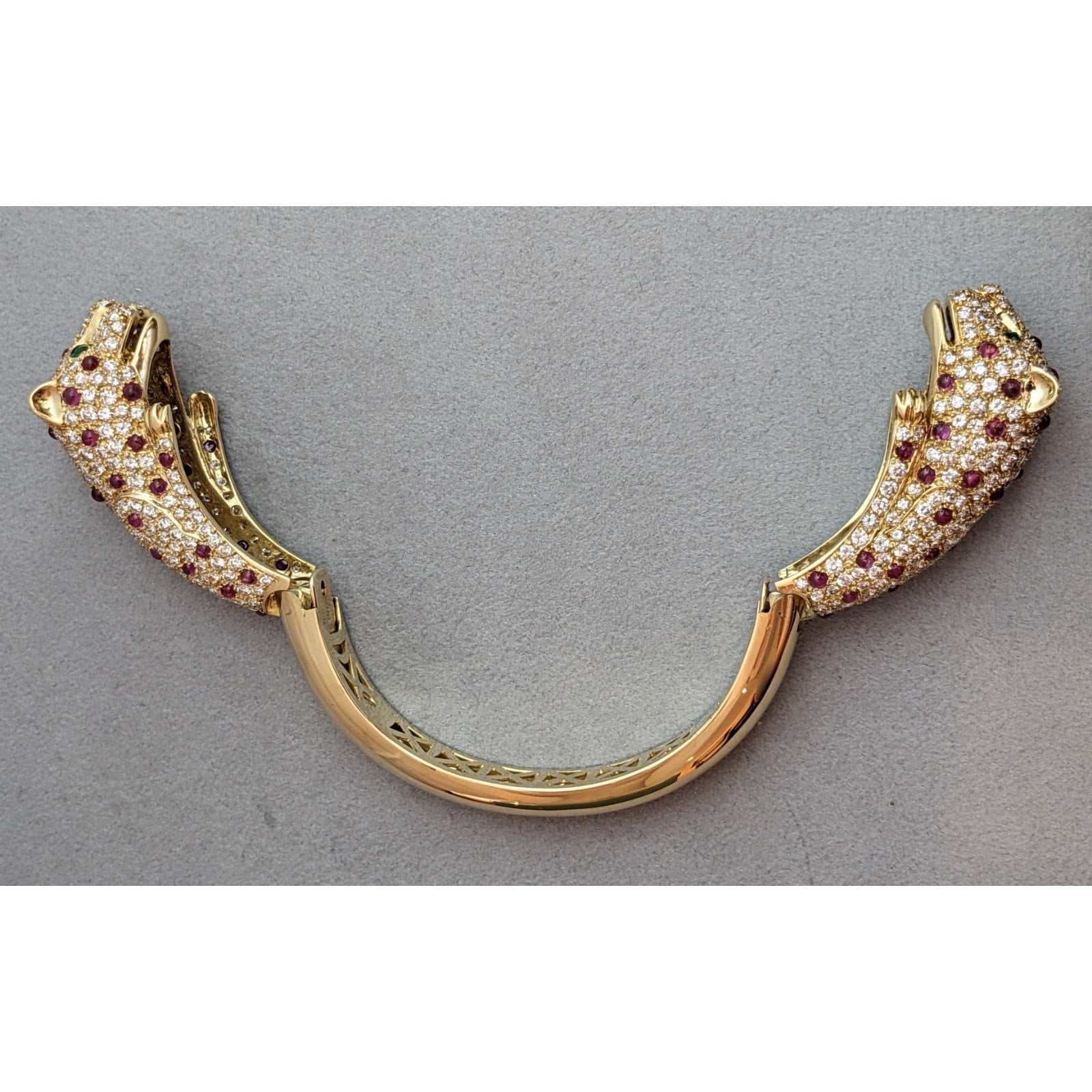 Ruby and Diamond Pave Panther Head Bangle Bracelet in 18k Yellow Gold