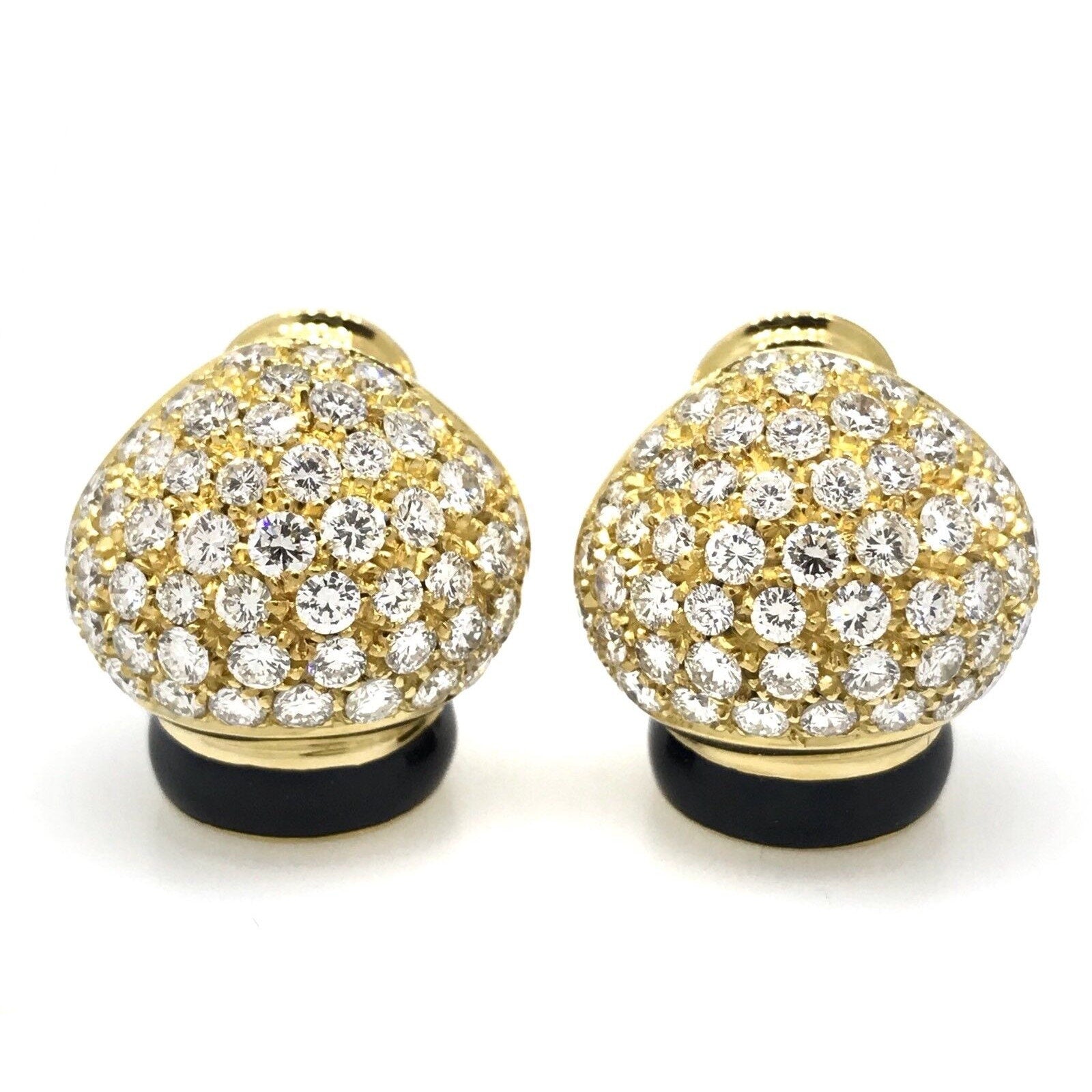 Pave Diamond Dome Earrings with Black Enamel in 18k Yellow Gold
