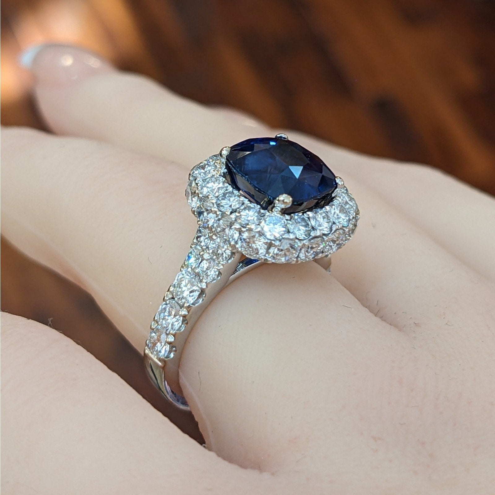 GIA Natural 5.27 ct Cushion Sapphire & Diamond Ring in 18k White Gold - HM2767BR