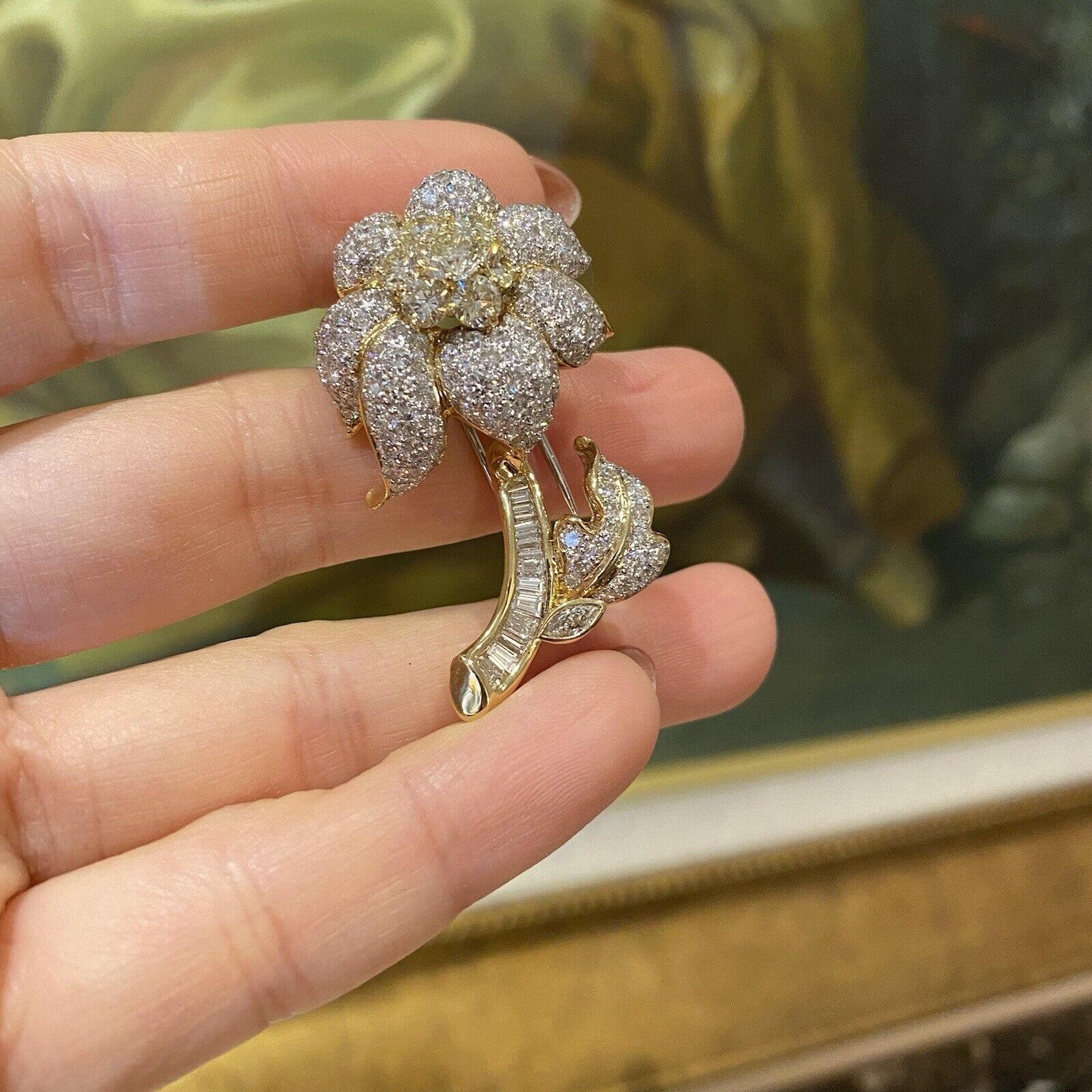 Estate Pave Diamond Flower Brooch / Pin in 18k Yellow Gold