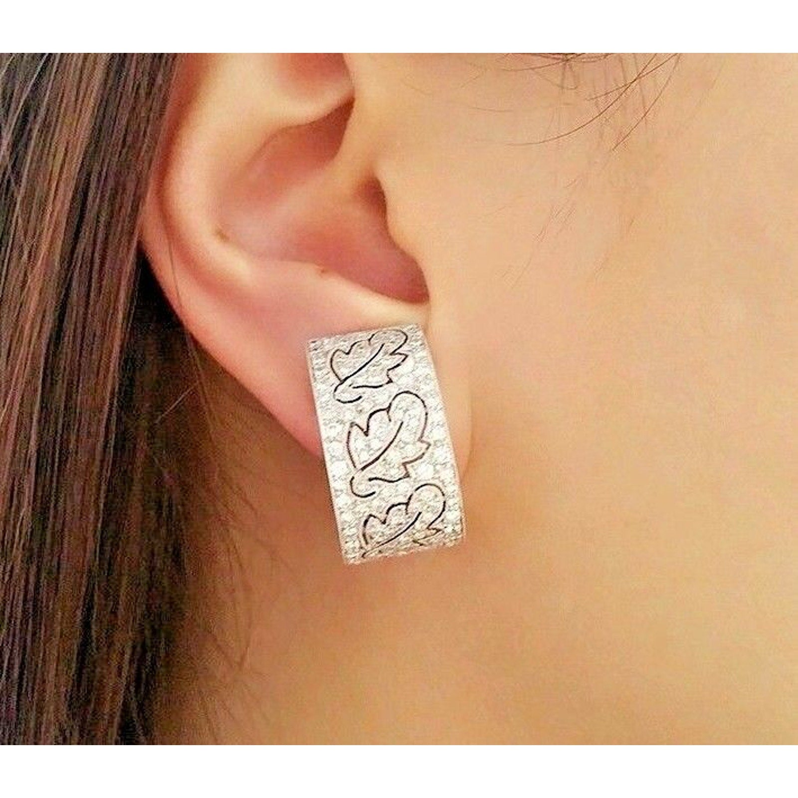 Wide Diamond Hoop Earrings Leaf Design in 18k White Gold