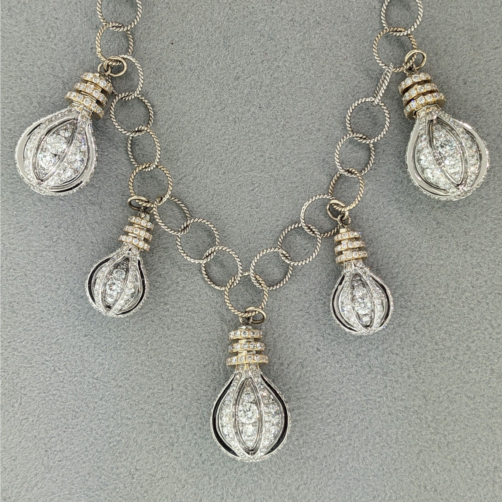 Diamond Hanging Lightbulb Charm Necklace in 18k White and Yellow Gold