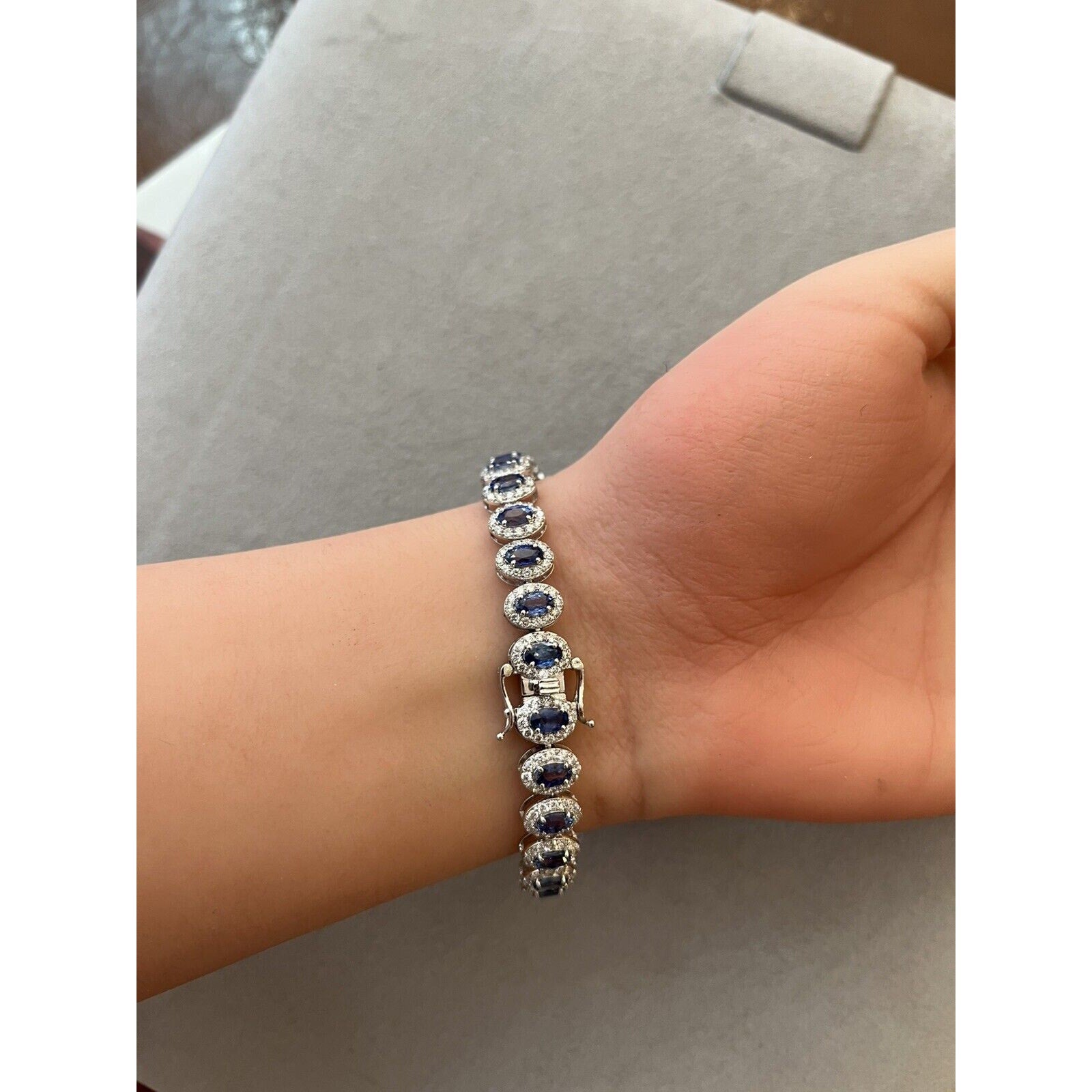 Natural Oval Sapphire and Diamond Halo Bracelet in 14k White Gold - HM2679BA