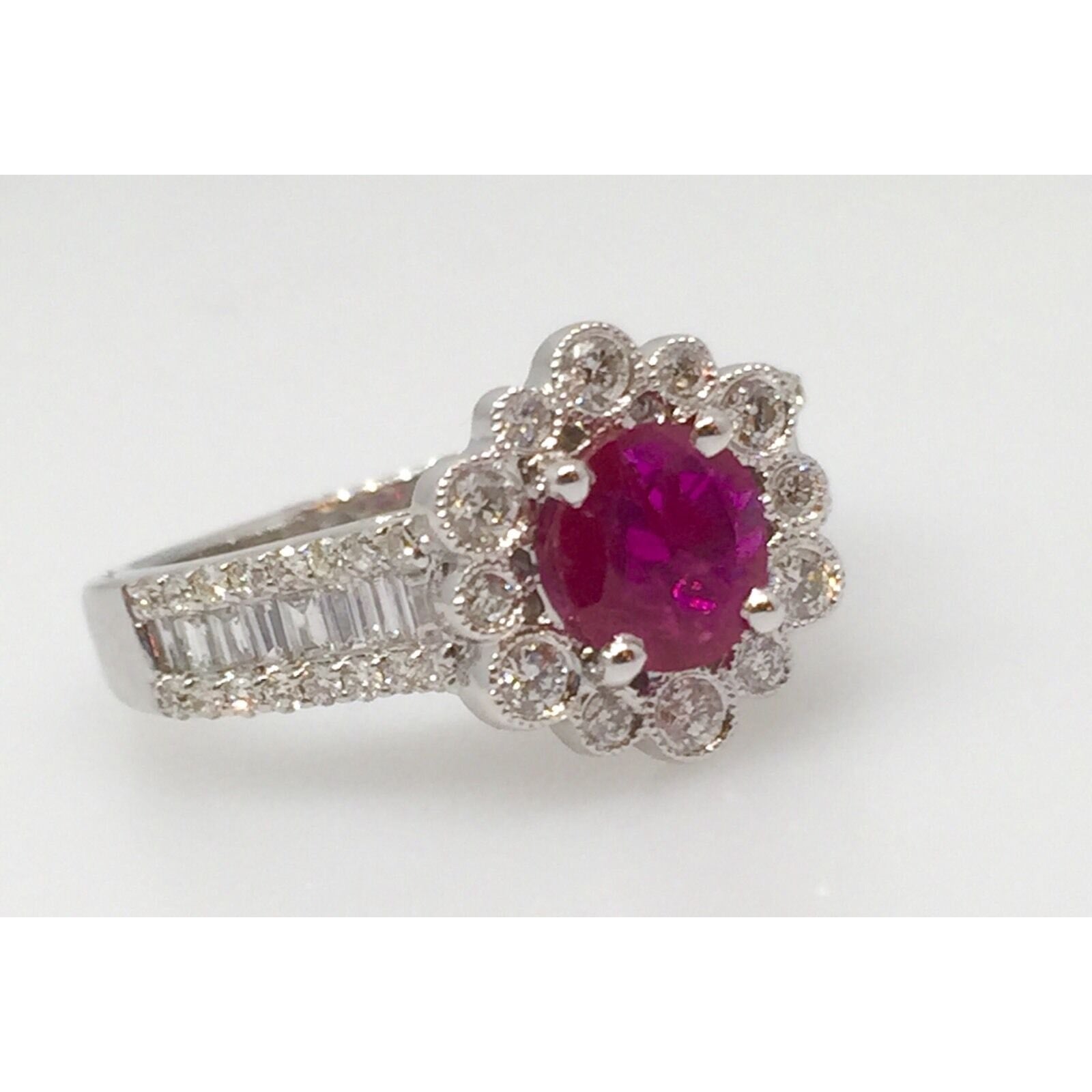 Ruby and Diamond Halo Ring 1.43 cttw in 18K White Gold