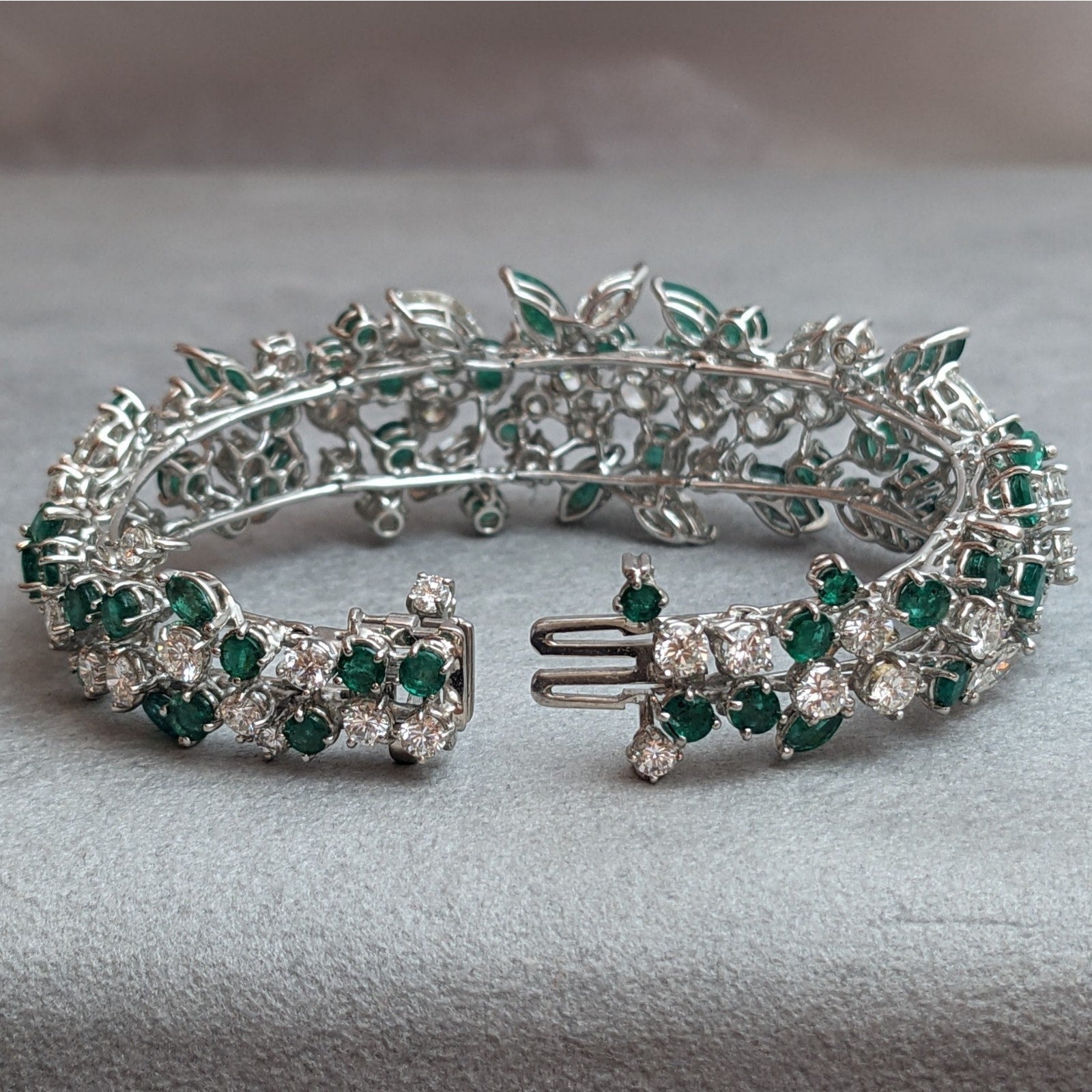 Round and Marquise Diamond and Emerald Cluster Bracelet in Platinum & 14k