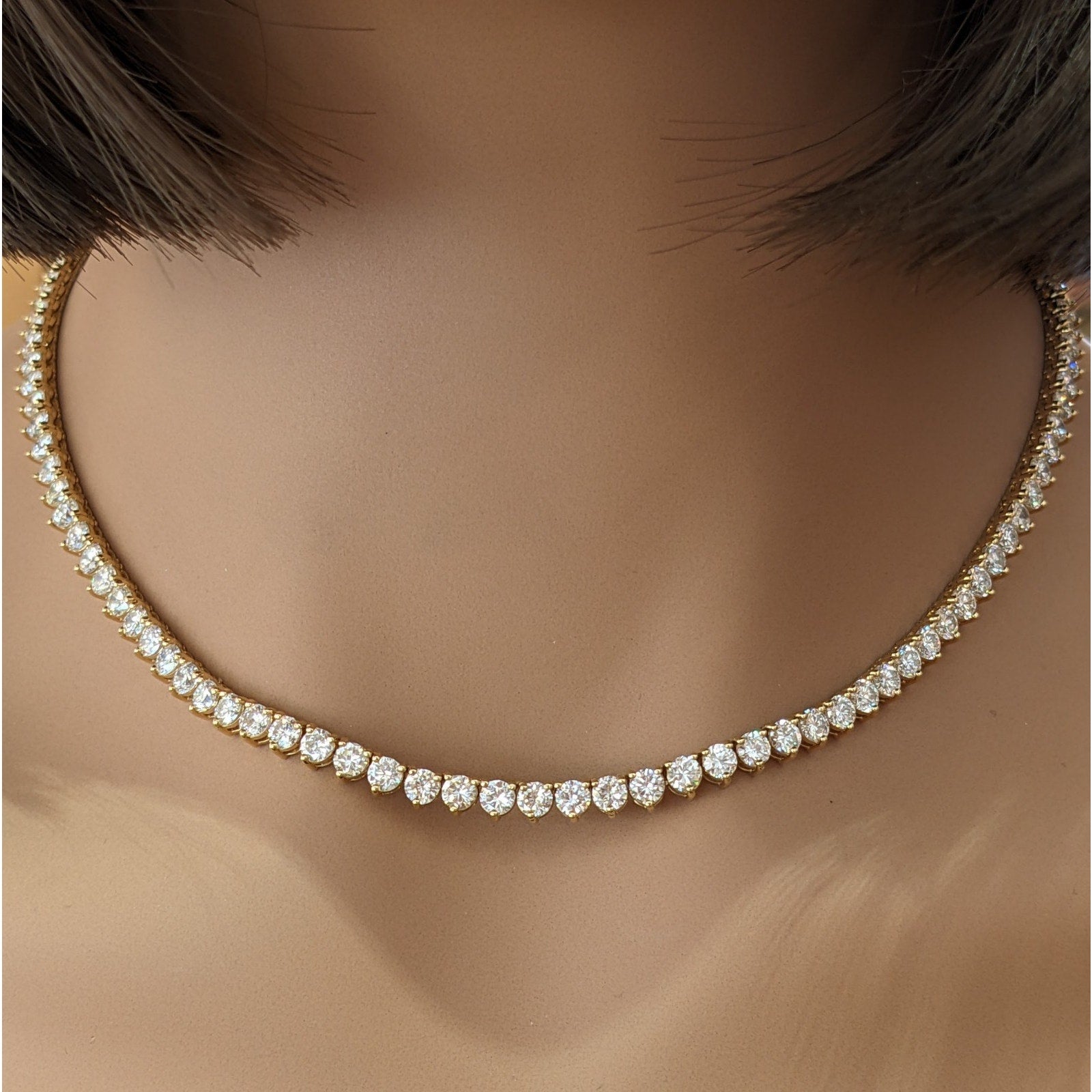 Natural Diamond Tennis Necklace 14.96 ctw in 18k Yellow Gold 16.5"