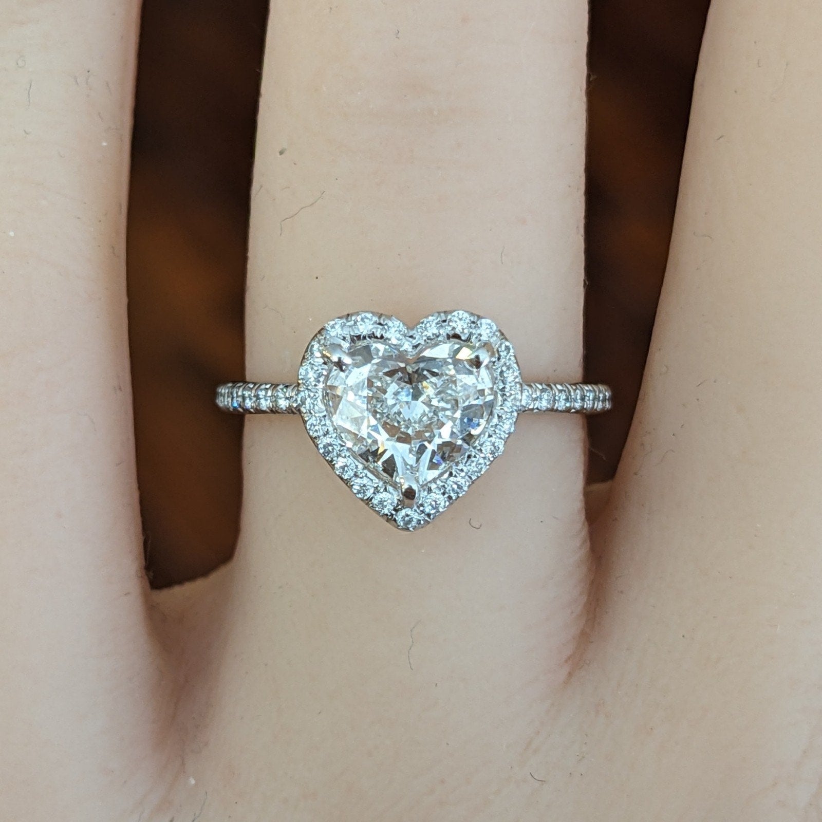 Heart Shaped Diamond Ring in 18k White Gold Halo Setting
