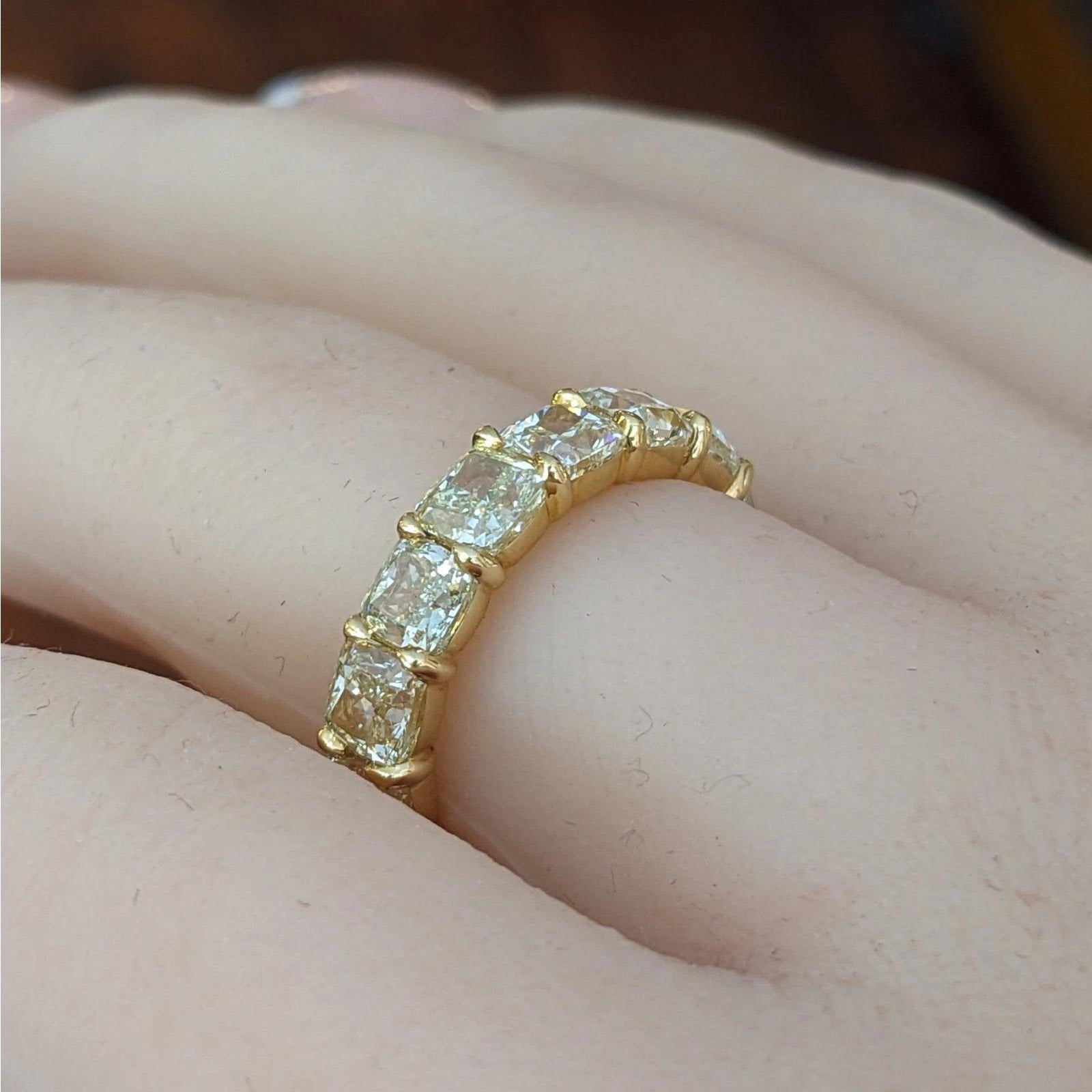 Light Yellow Cushion Diamond Eternity Ring 7.47cts in 18k Yellow Gold