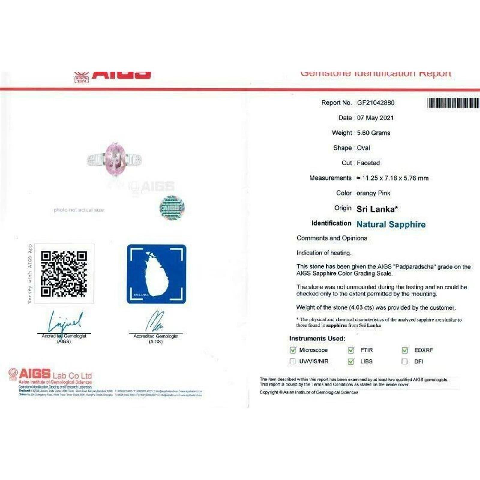 Certified Padparadscha Sapphire 4.03 carat & Diamond Ring in Platinum