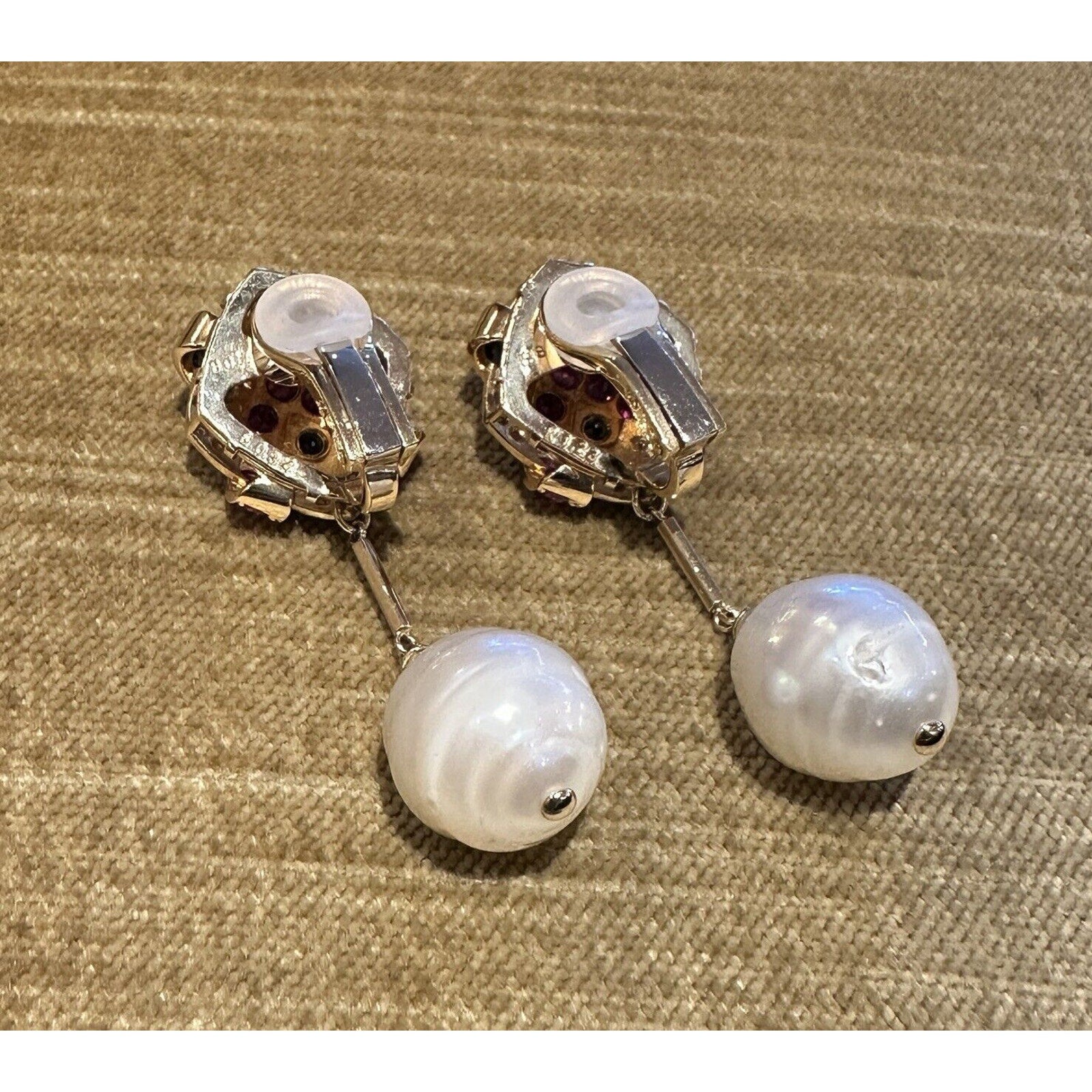 Ruby, Sapphire, Diamond & Pearl Drop Earrings in 18k Yellow Gold