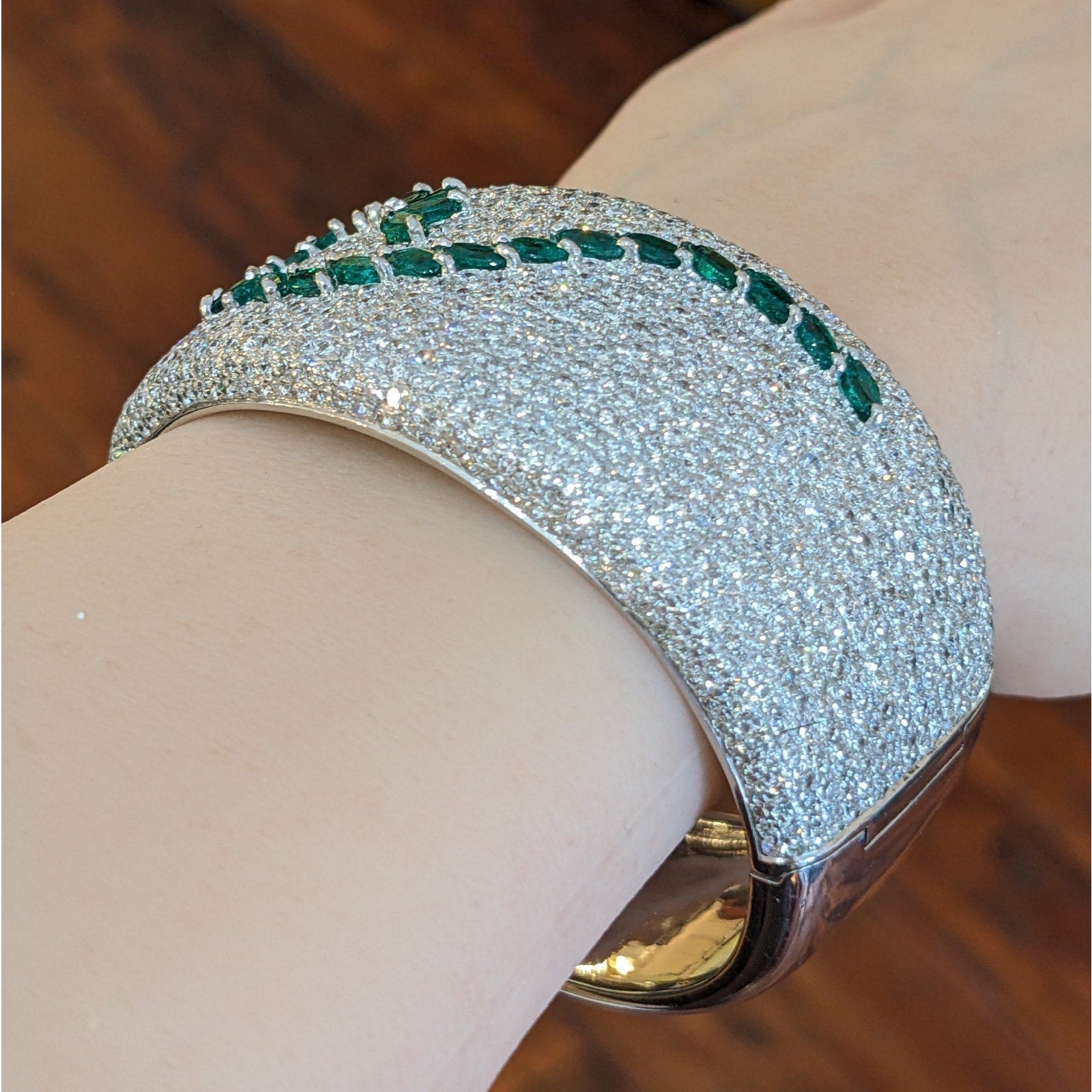 Wide Pave Diamond and Marquise Emerald Bangle Bracelet in 18k Gold