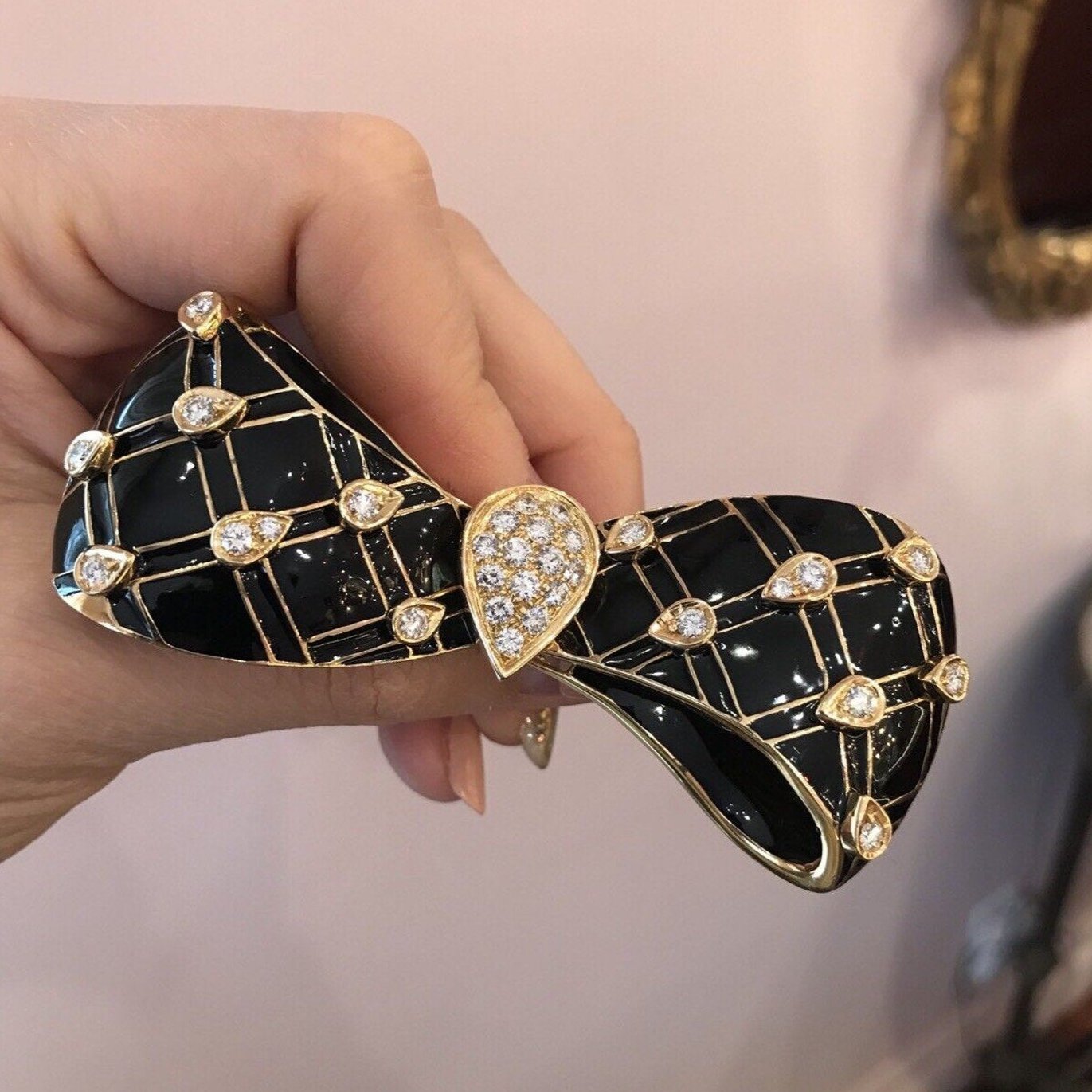 Large Black Enamel and Diamond Bow Pin / Brooch in 18k Yellow Gold