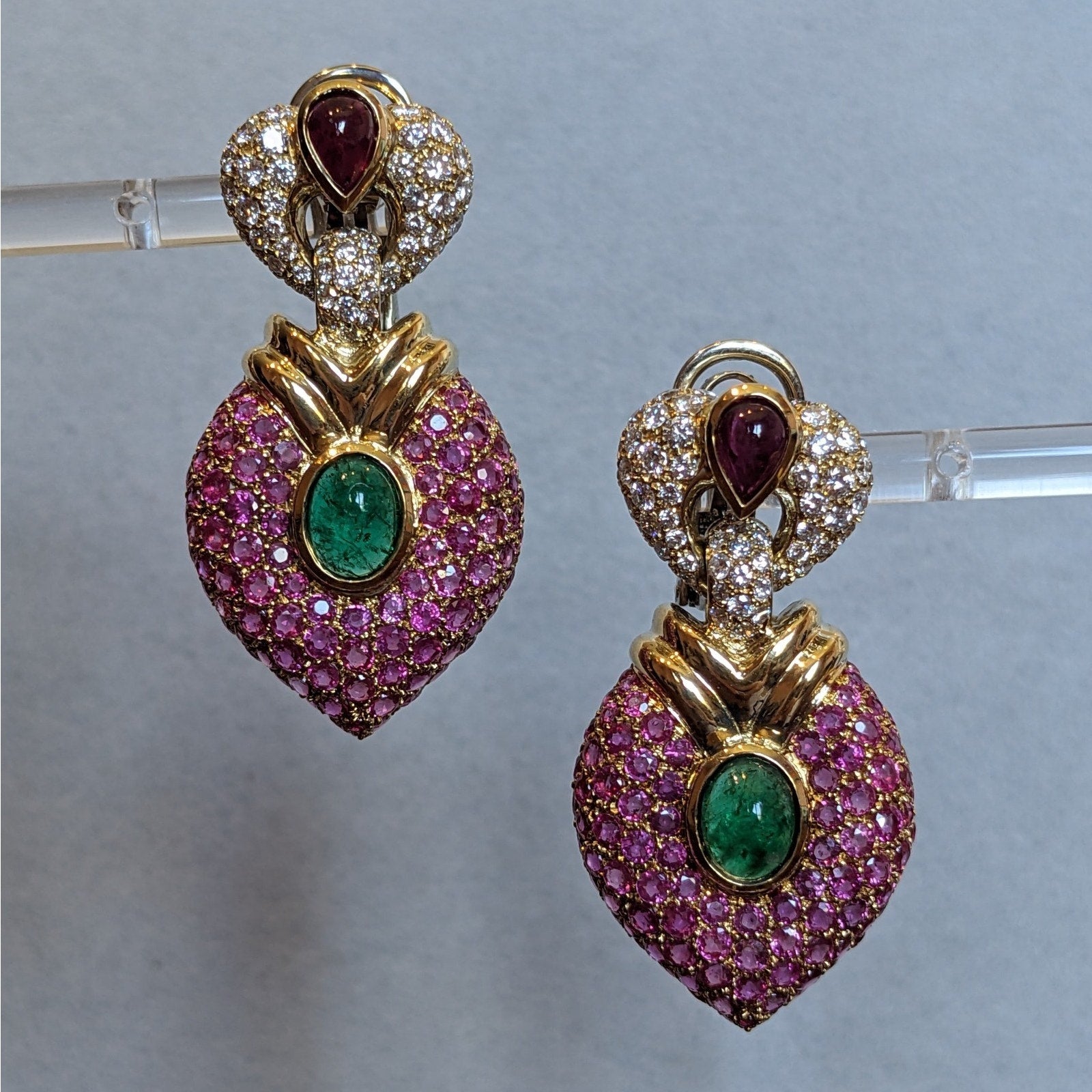 Pave Ruby and Diamond & Emerald Doorknocker Earrings in 18k Yellow Gold