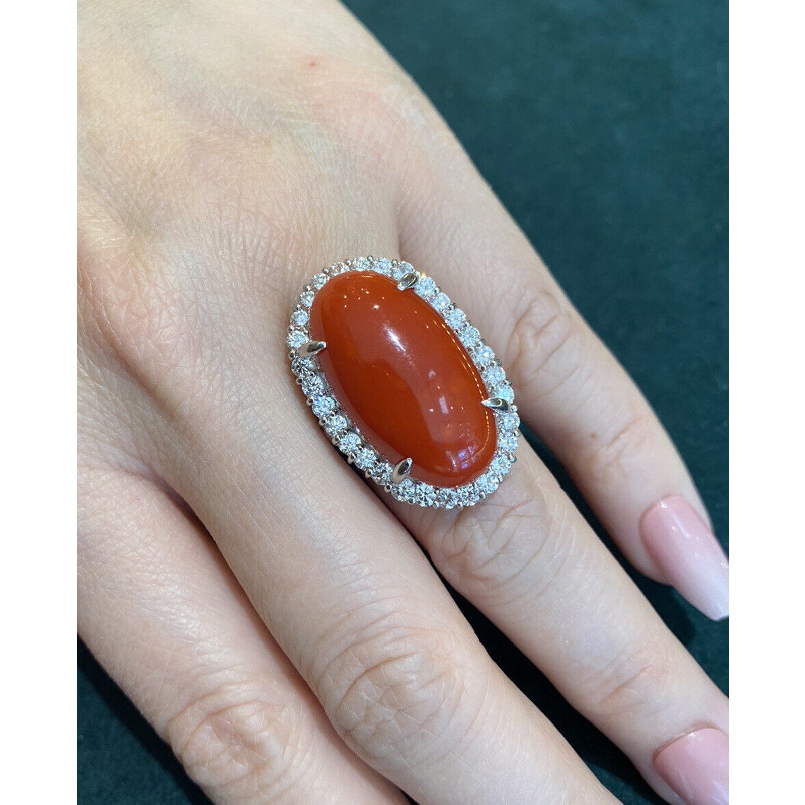 Estate 22.95 cts Red Coral and Diamond Large Cocktail Ring in Platinum