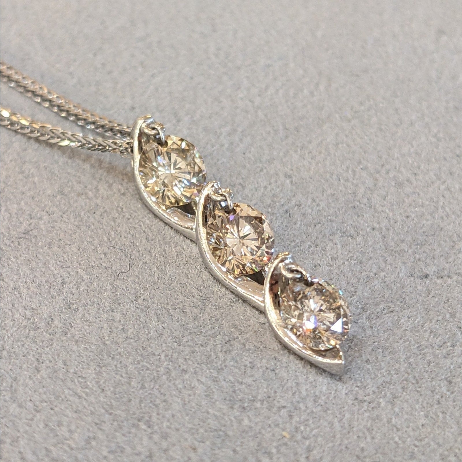 Three Champagne Diamond Drop Pendant Necklace in 18k White Gold