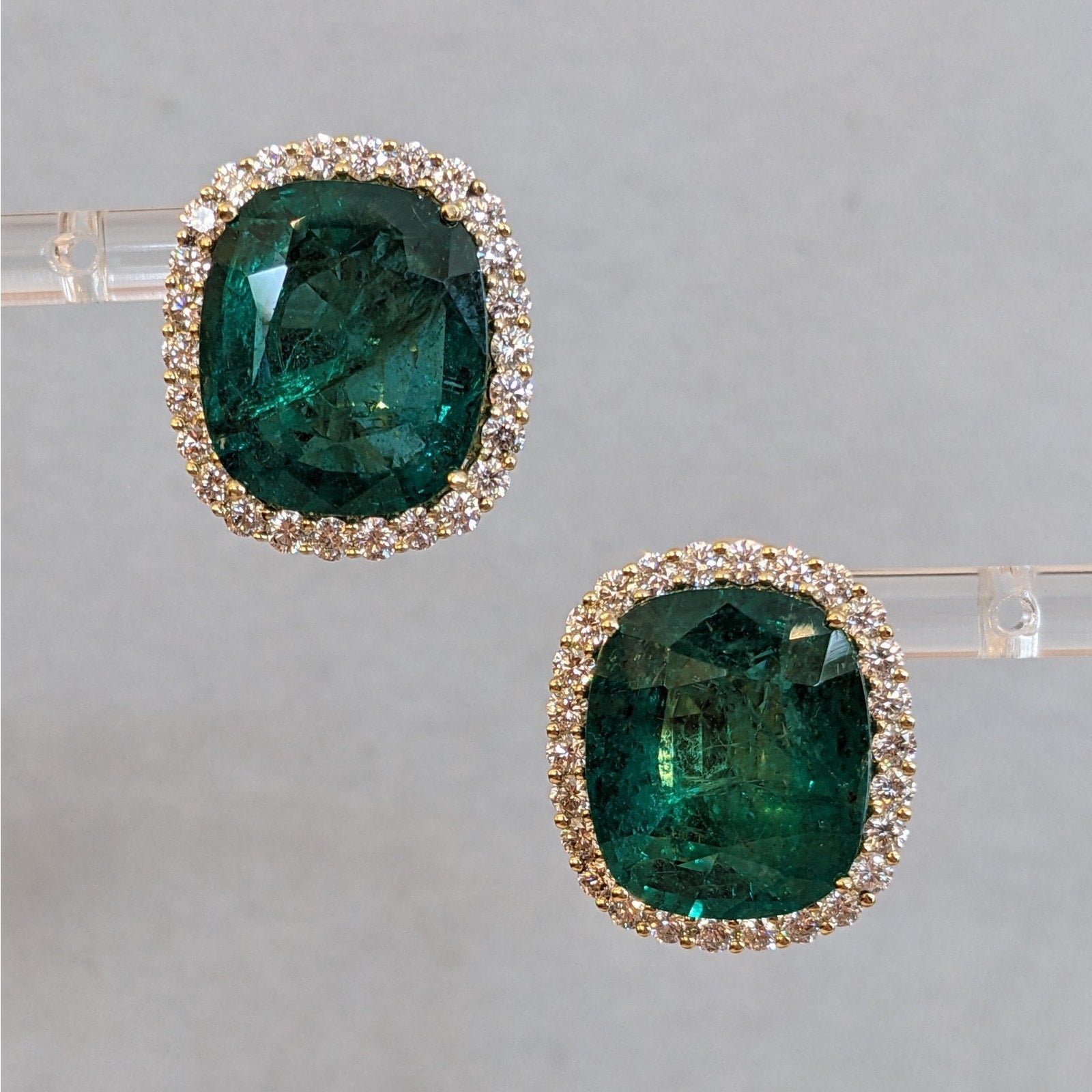 AGL 29.15 cts Cushion Emerald Halo Diamond Earrings 18k Yellow Gold