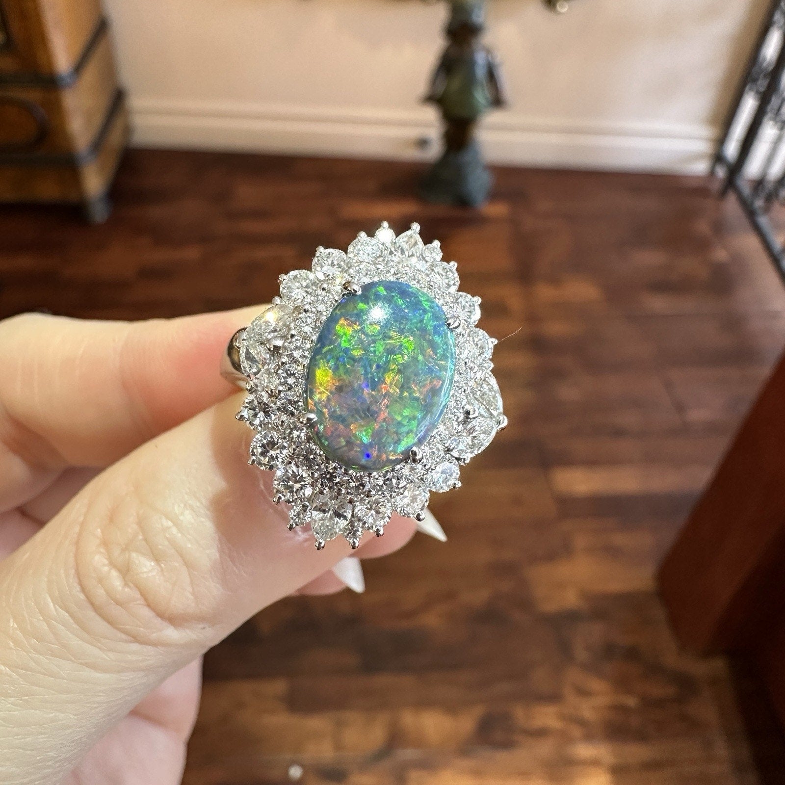 Natural Black Opal 2.53 ct and Diamond Cocktail Ring in Platinum