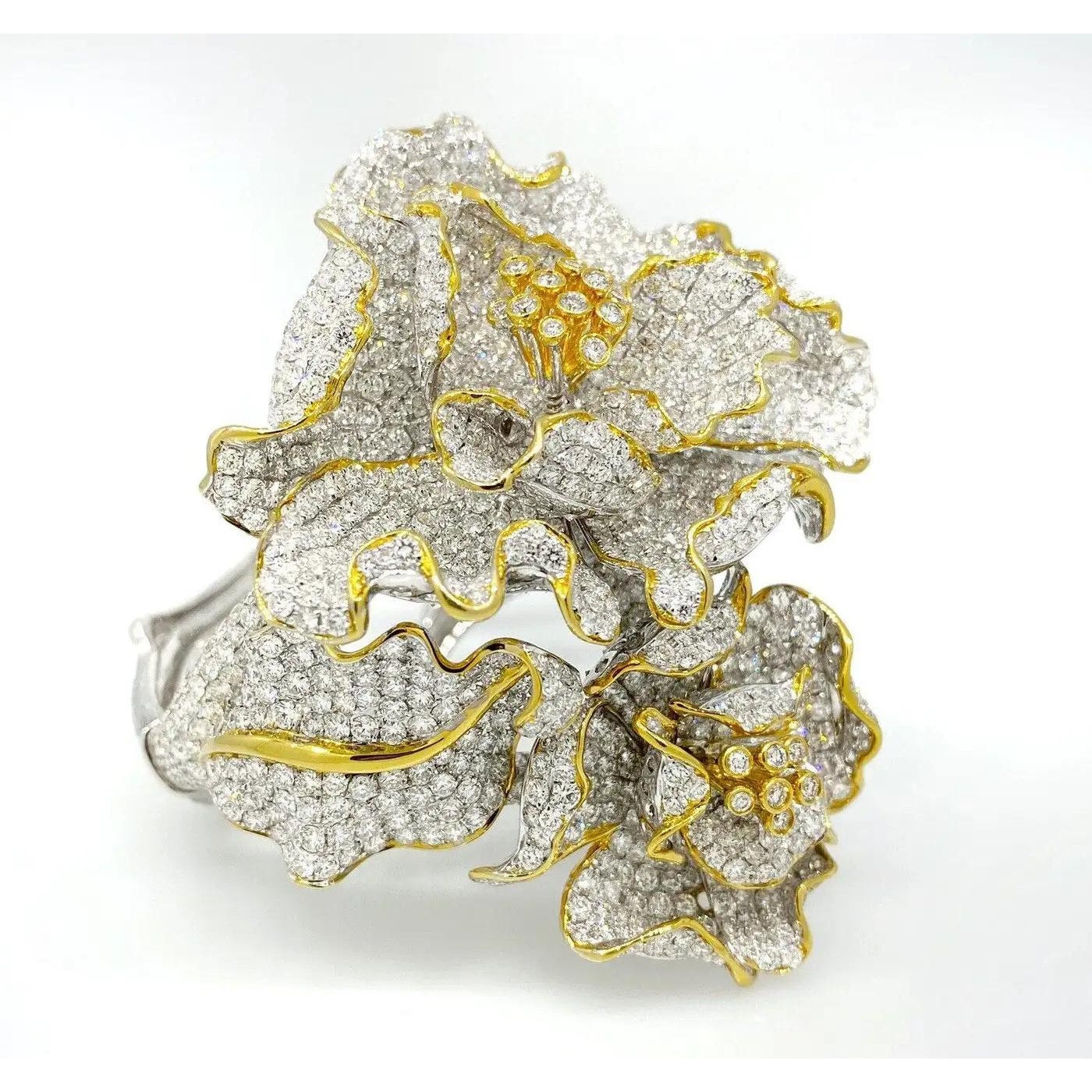 47.80 Carats Diamond Flower Bangle Bracelet in 18k White & Yellow Gold