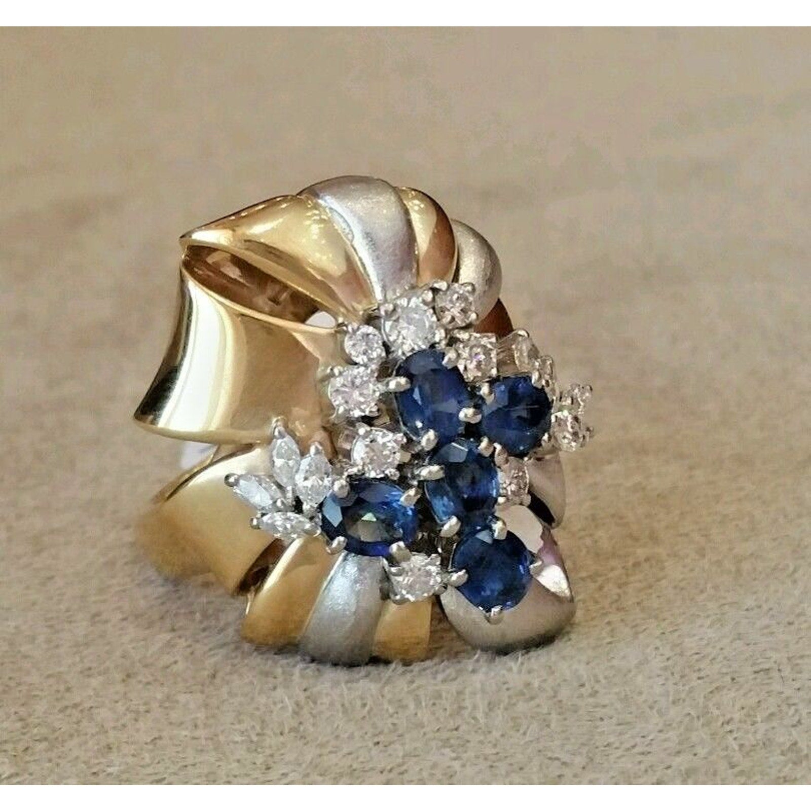 Natural Sapphire and Diamond Cluster Ring in Platinum & 18k Yellow Gold