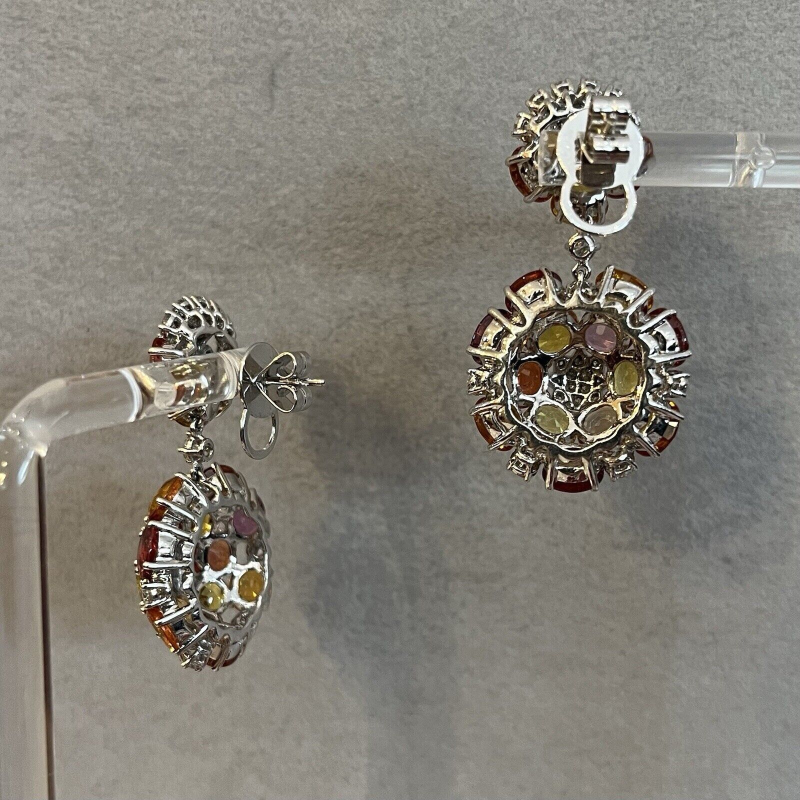 Multicolor Sapphire and Diamond Star Drop Earrings in 18k White Gold