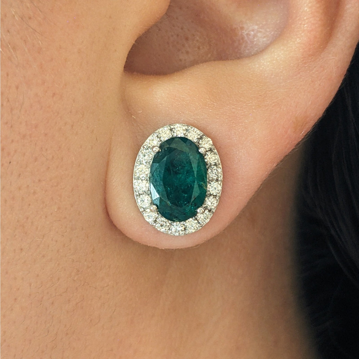 Natural Emerald Oval Stud Earrings with Diamonds in 14k White Gold