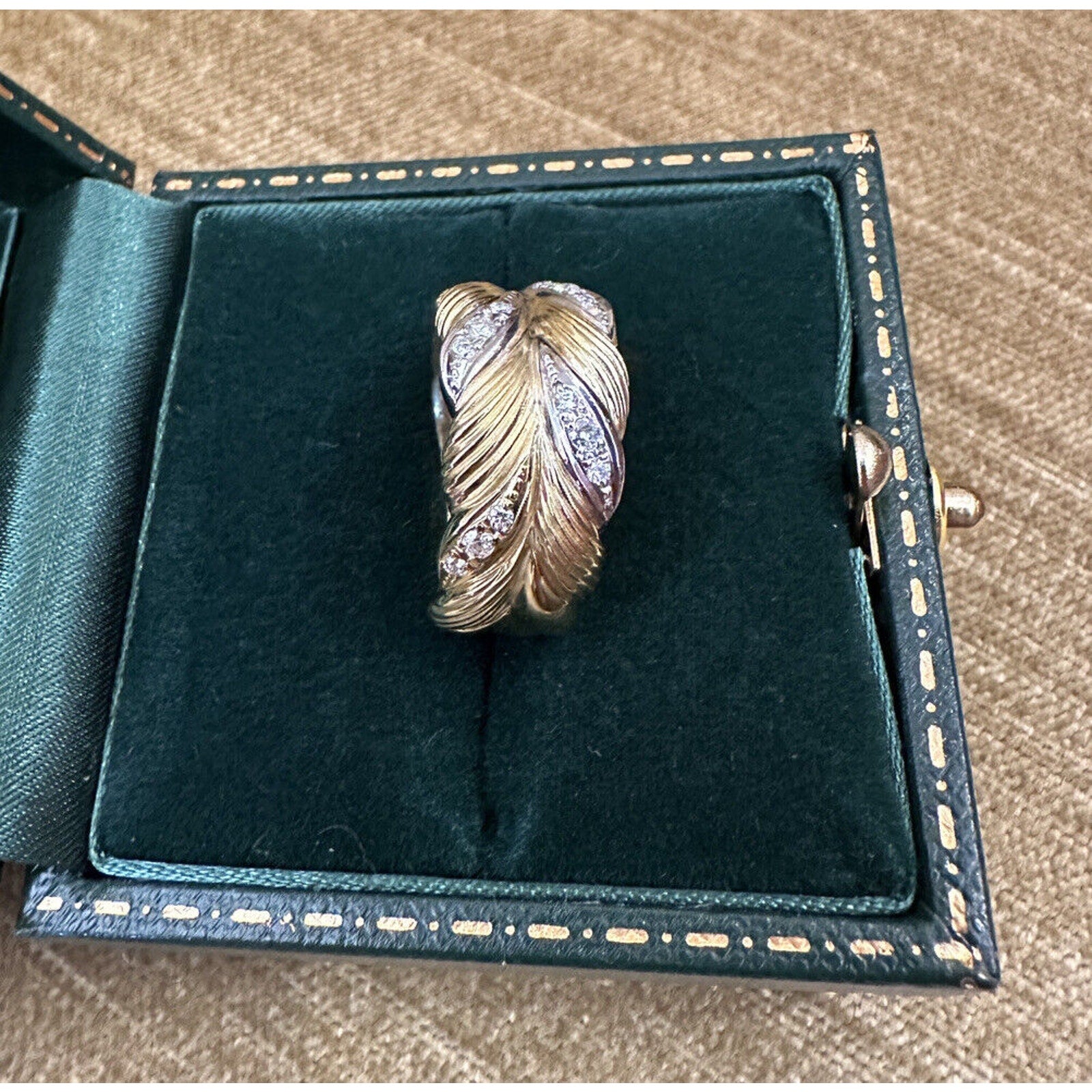 Carved Floral Diamond Band Ring in 18k Yellow Gold & Platinum
