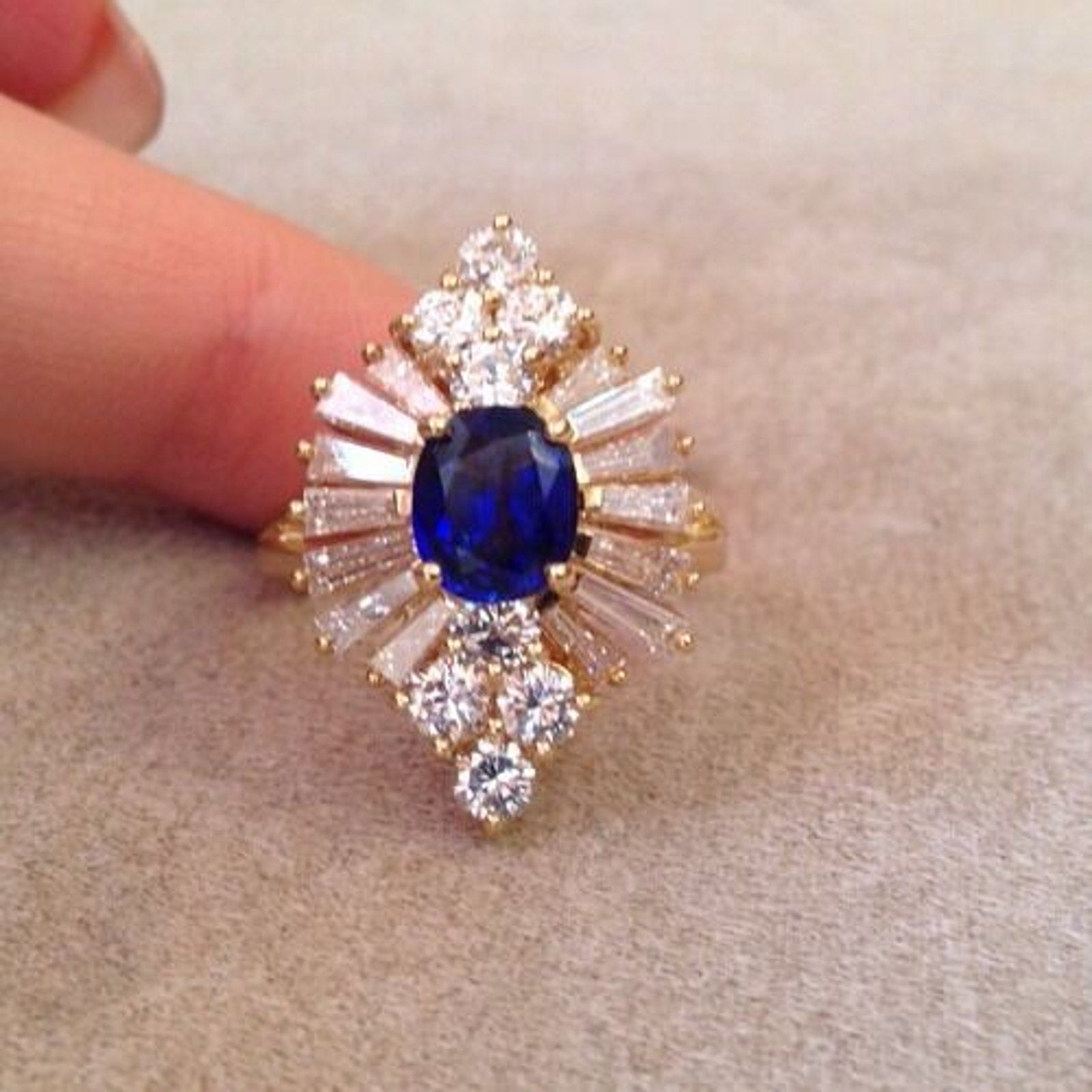 Sapphire and Diamond Ring with Baguettes and Rounds in 18k Yellow Gold
