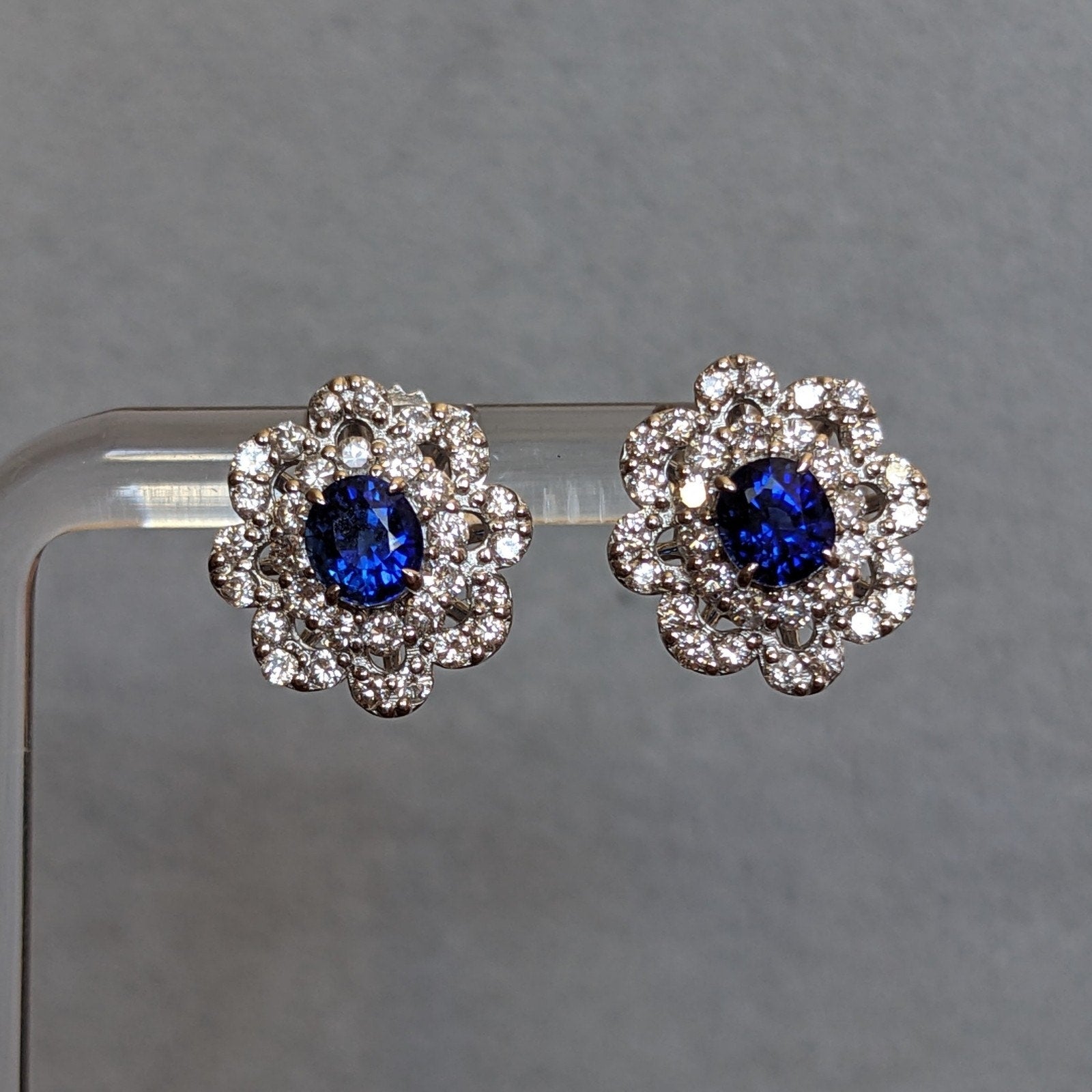 Oval Blue Sapphire and Diamond Stud Earrings in Platinum/18k Gold