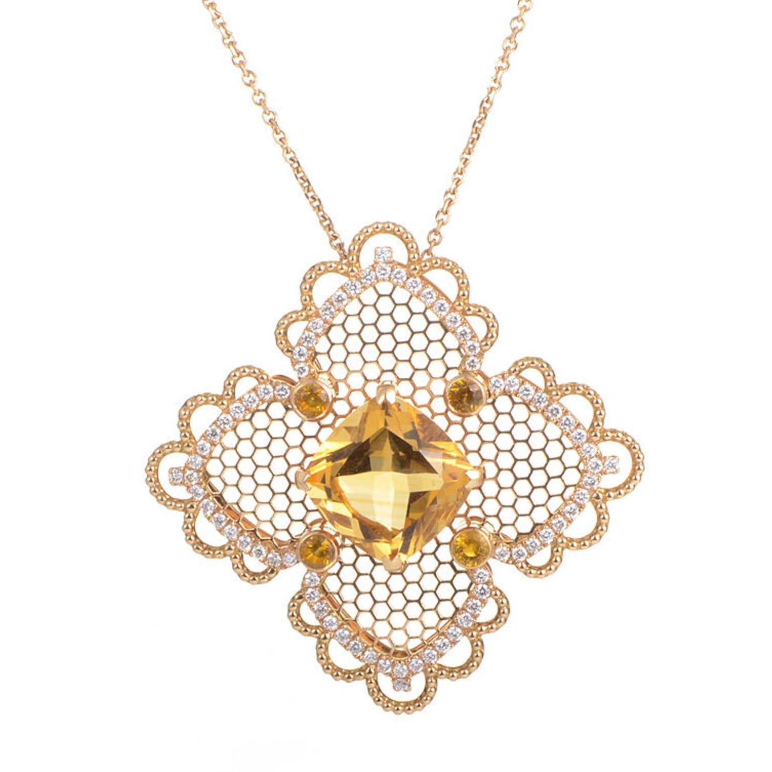 Citrine and Diamond Lace Pendant Necklace in 18k Yellow Gold - HM1583SE