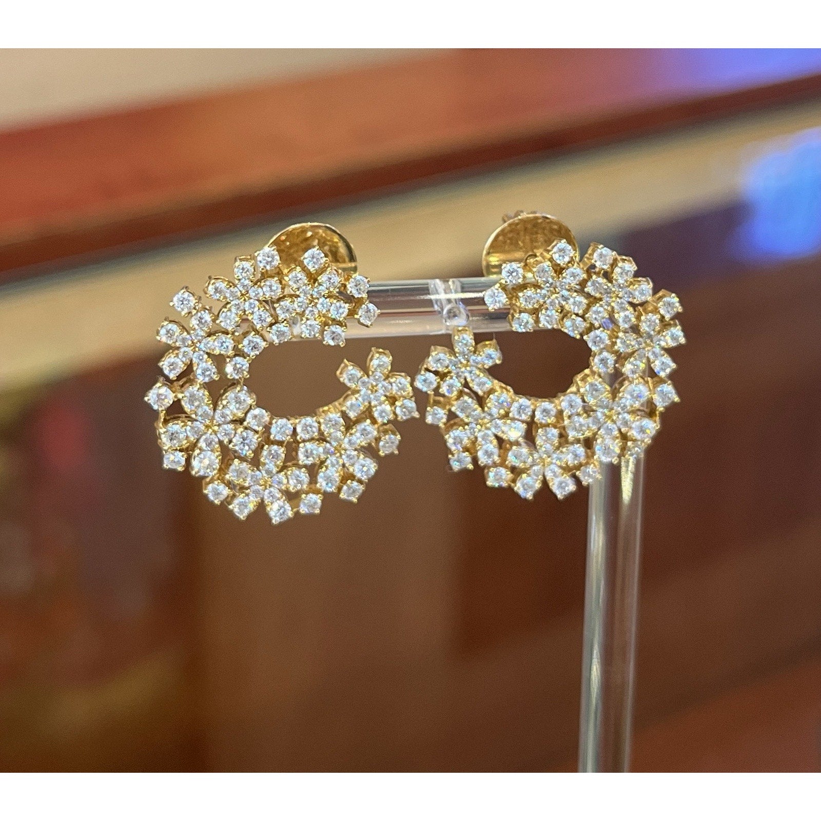 Diamond Crescent Earrings with Floret Motif in 18k Yellow Gold