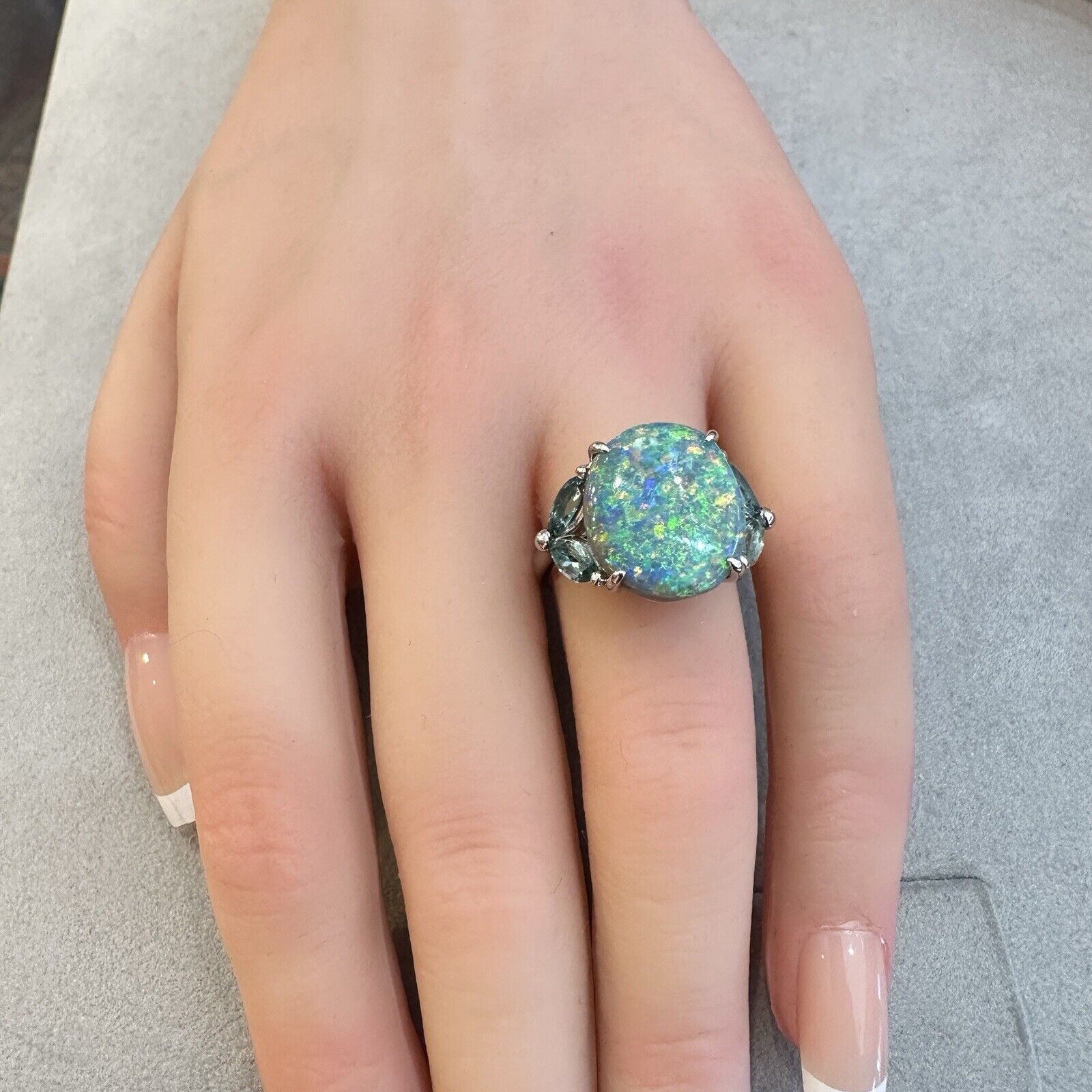 GIA 6.55 ct Black Opal & Aquamarine Ring in Platinum