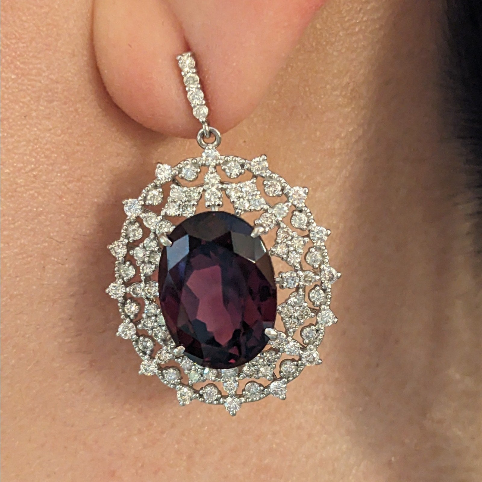24.54 ct Oval Garnet and Diamond Dangle Earrings in Platinum