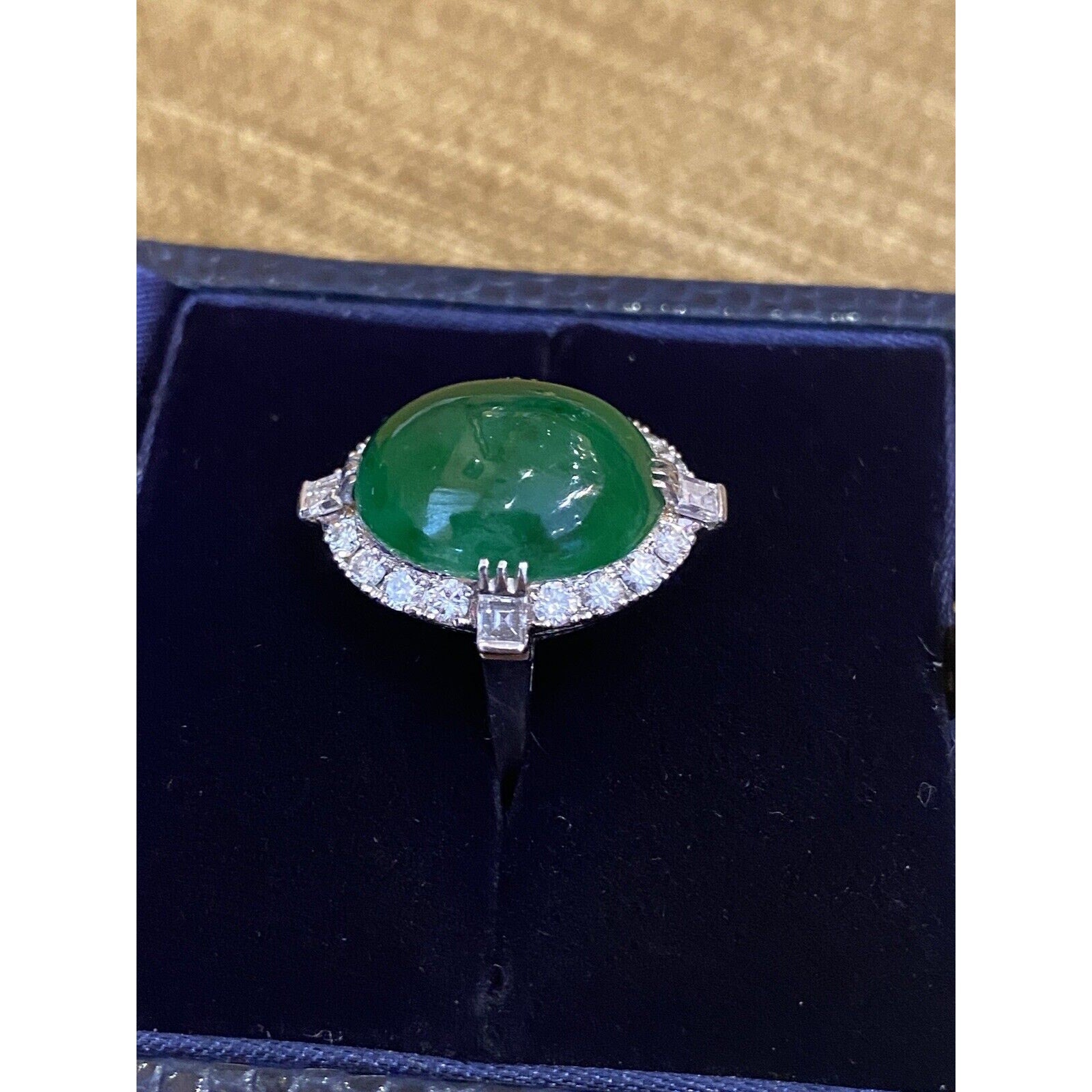 GIA Untreated Jade Oval Cabochon and Diamond Vintage Platinum Ring - HM2258AE