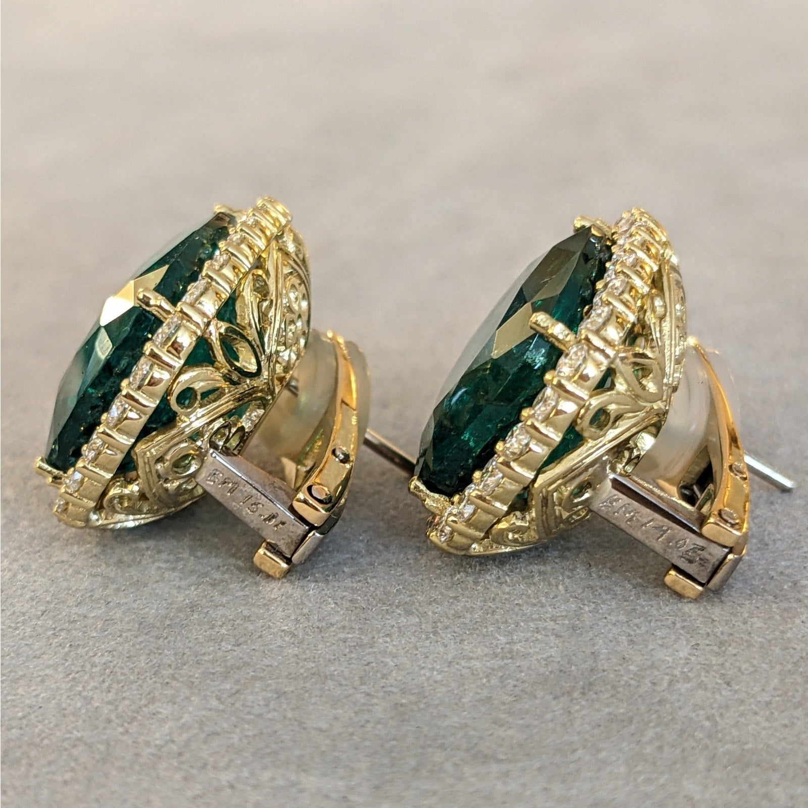 AGL 29.15 cts Cushion Emerald Halo Diamond Earrings 18k Yellow Gold