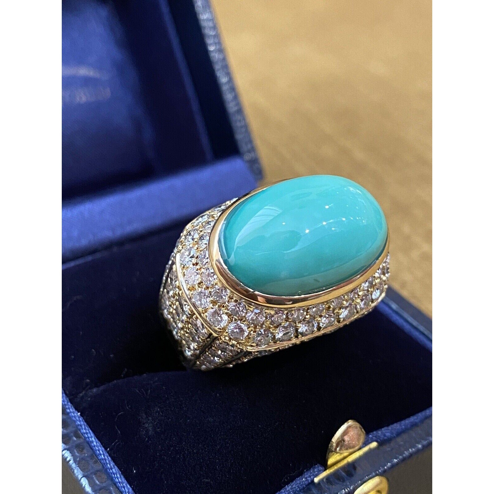 Large Estate Pave Diamond and Turquoise Dome Ring in 18k Yellow Gold - HM1799EE