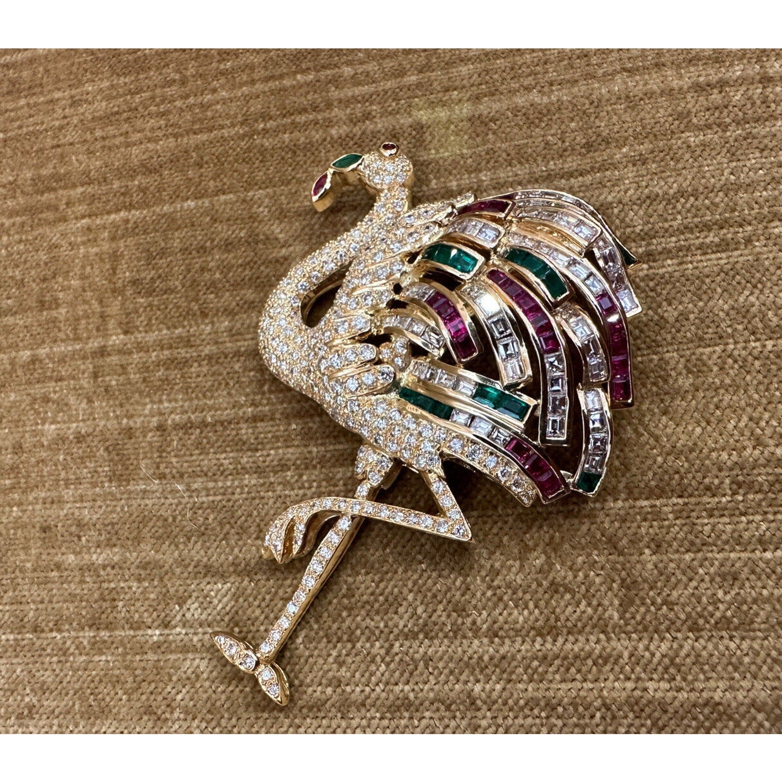 Large Diamond Flamingo Brooch w/Rubies, Emeralds in 18k Yellow Gold - HM2459ZE