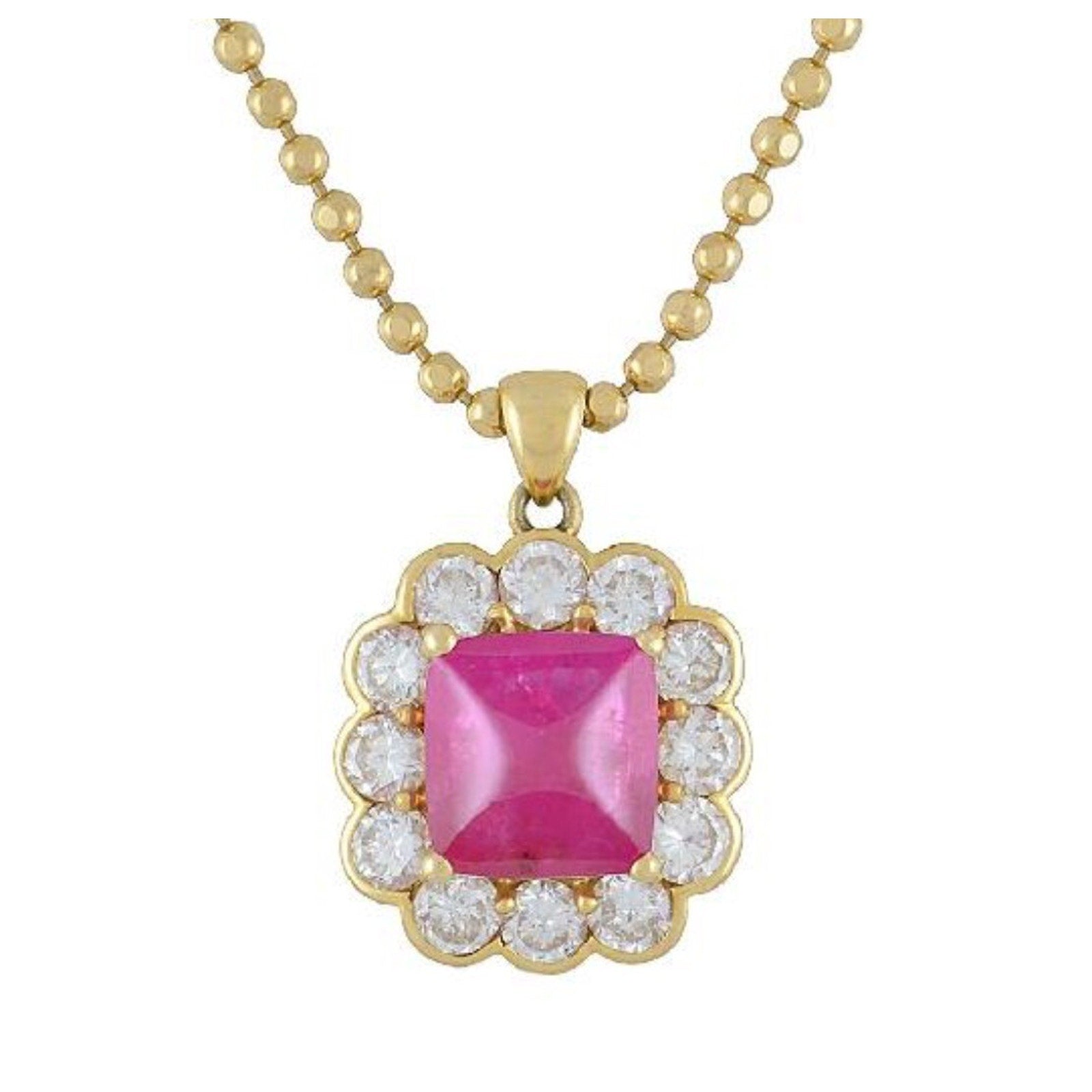 GIA 4.97 ct UnHeated Cabochon Ruby Necklace Halo Diamonds in 18k Yellow Gold