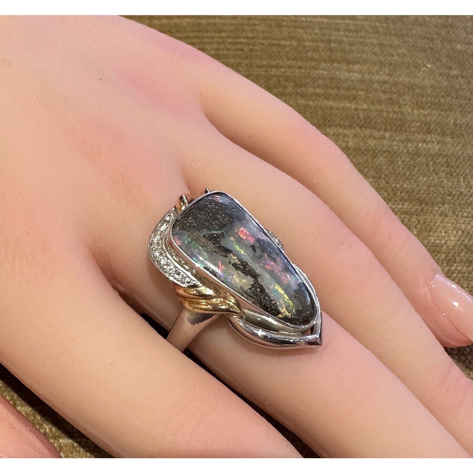 Boulder Opal and Diamond Ring in 18k Yellow Gold and Platinum