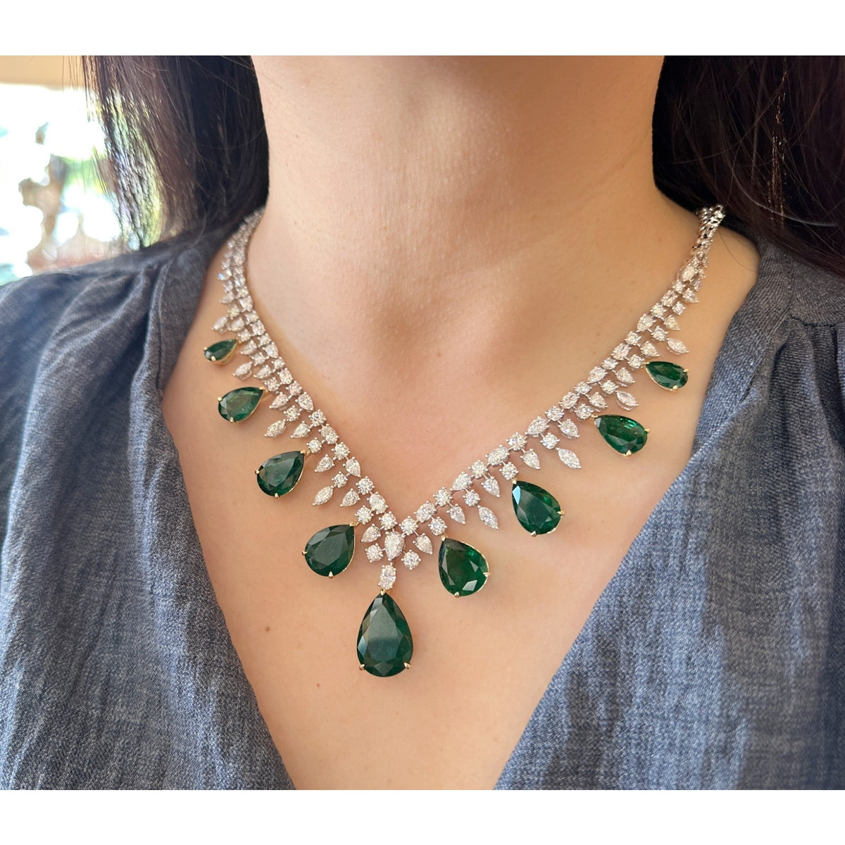 AGL Emerald & Diamond Fringe Bib Statement Necklace in 18k White Gold
