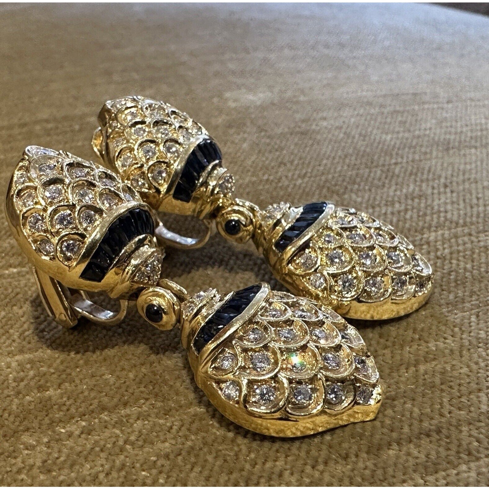 Natural Diamond and Sapphire Large Drop Earrings in 18k Yellow Gold